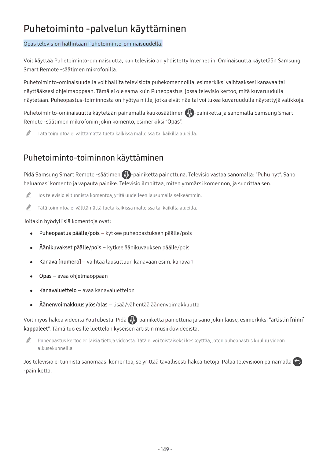 Samsung UE49M5515AKXXC, UE49M5605AKXXC manual Puhetoiminto -palvelun käyttäminen, Puhetoiminto-toiminnon käyttäminen 