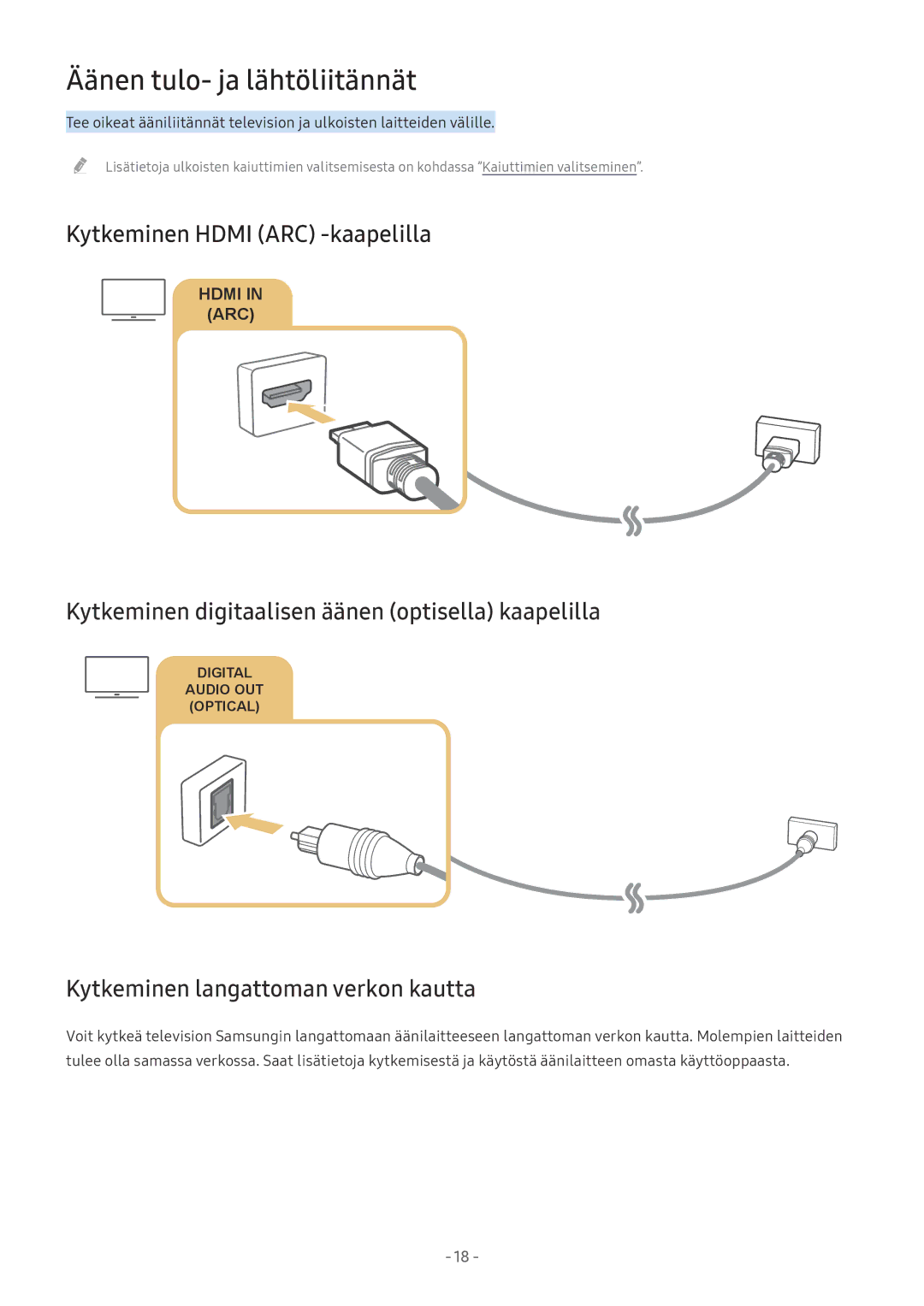 Samsung UE32M5605AKXXC, UE49M5605AKXXC, UE49M5515AKXXC manual Äänen tulo- ja lähtöliitännät, Kytkeminen Hdmi ARC -kaapelilla 