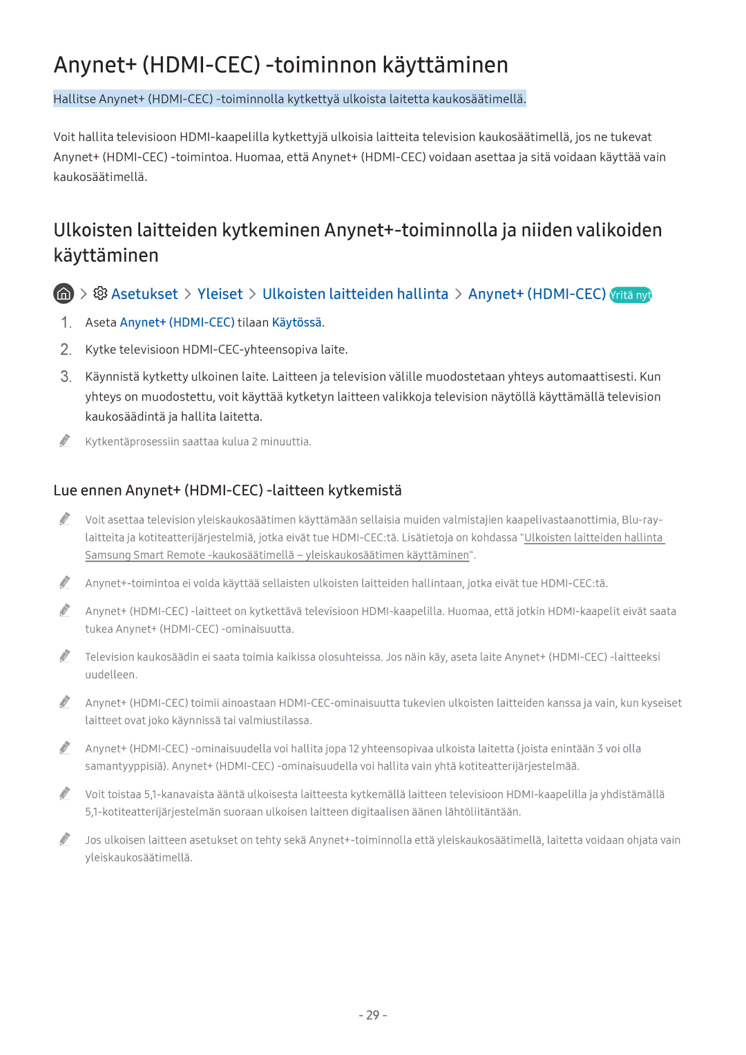 Samsung UE55M6305AKXXC manual Anynet+ HDMI-CEC -toiminnon käyttäminen, Lue ennen Anynet+ HDMI-CEC -laitteen kytkemistä 