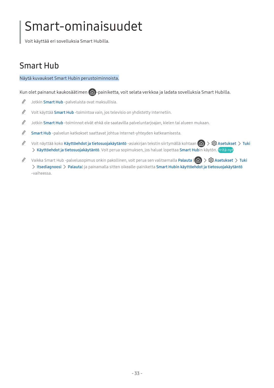 Samsung UE43M5505AKXXC, UE49M5605AKXXC, UE49M5515AKXXC, UE43M5515AKXXC, UE32M5575AUXXC manual Smart-ominaisuudet, Smart Hub 