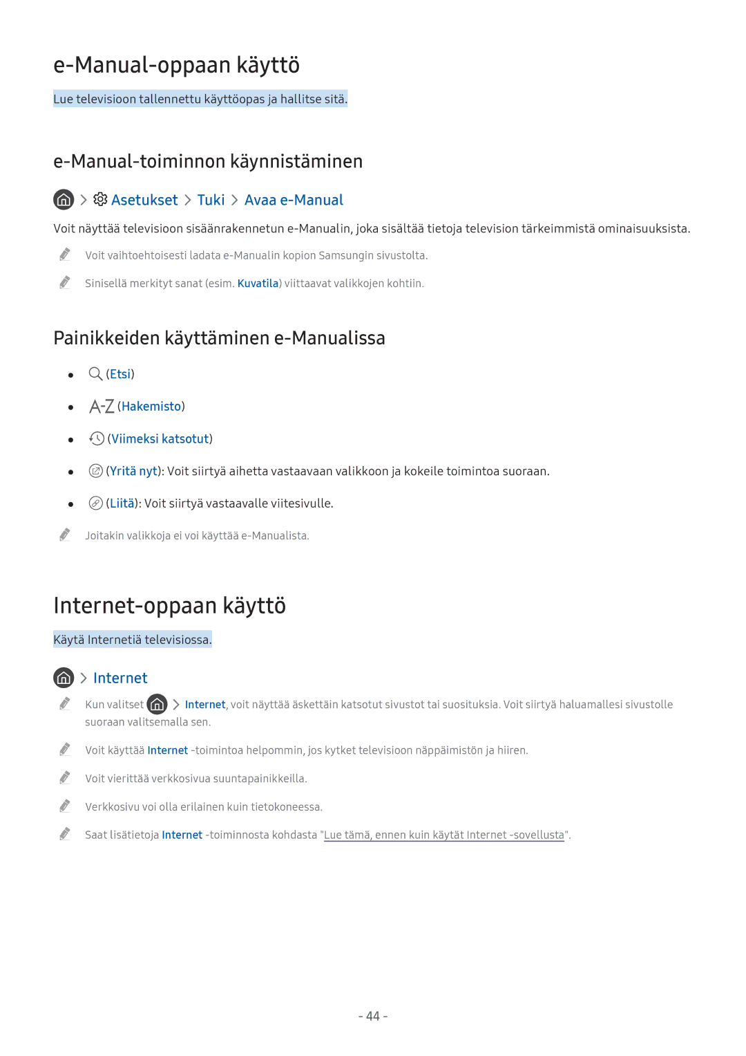 Samsung UE49M6305AKXXC, UE49M5605AKXXC manual Manual-oppaan käyttö, Internet-oppaan käyttö, Manual-toiminnon käynnistäminen 