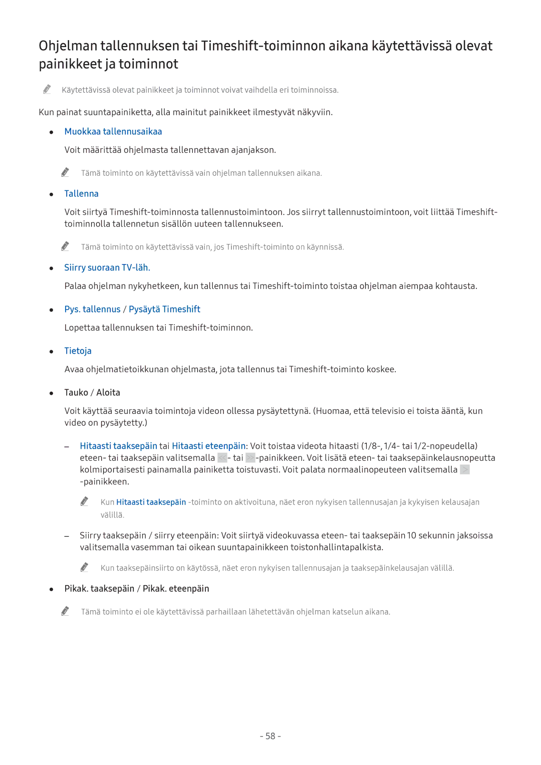 Samsung UE49M6305AKXXC manual Muokkaa tallennusaikaa, Siirry suoraan TV-läh, Pys. tallennus / Pysäytä Timeshift, Tietoja 