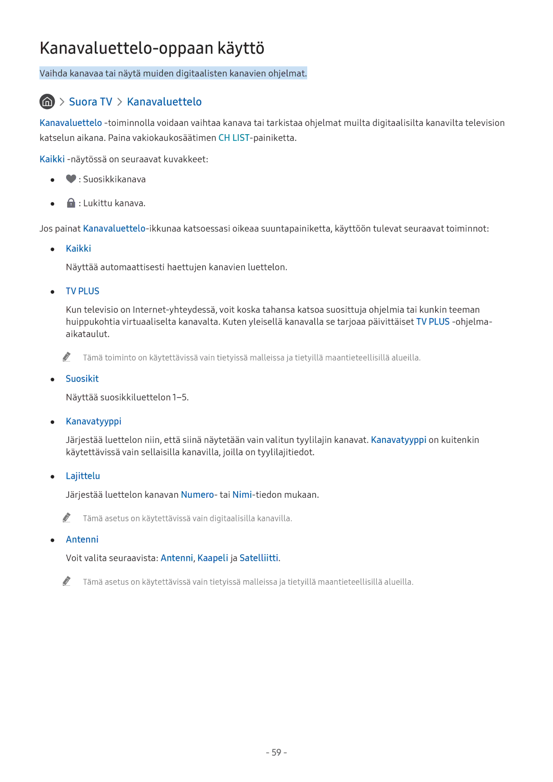 Samsung UE55M5605AKXXC, UE49M5605AKXXC, UE49M5515AKXXC, UE43M5515AKXXC Kanavaluettelo-oppaan käyttö, Suora TV Kanavaluettelo 
