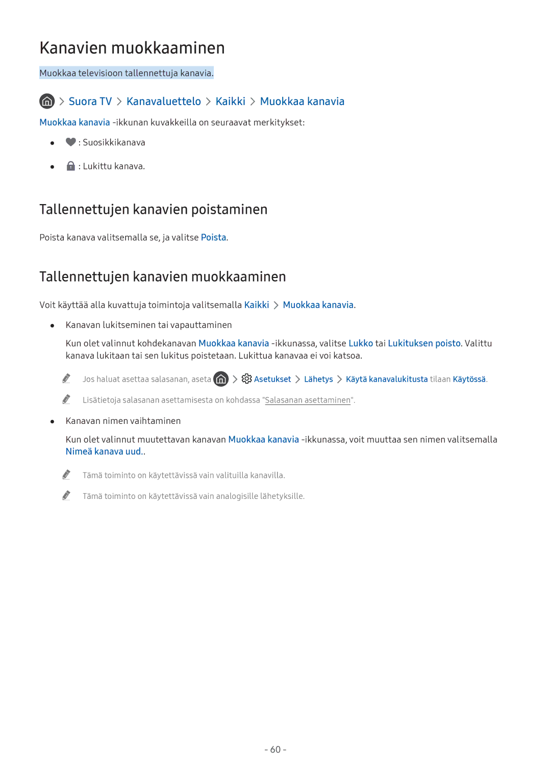 Samsung UE32M5605AKXXC Kanavien muokkaaminen, Tallennettujen kanavien poistaminen, Tallennettujen kanavien muokkaaminen 