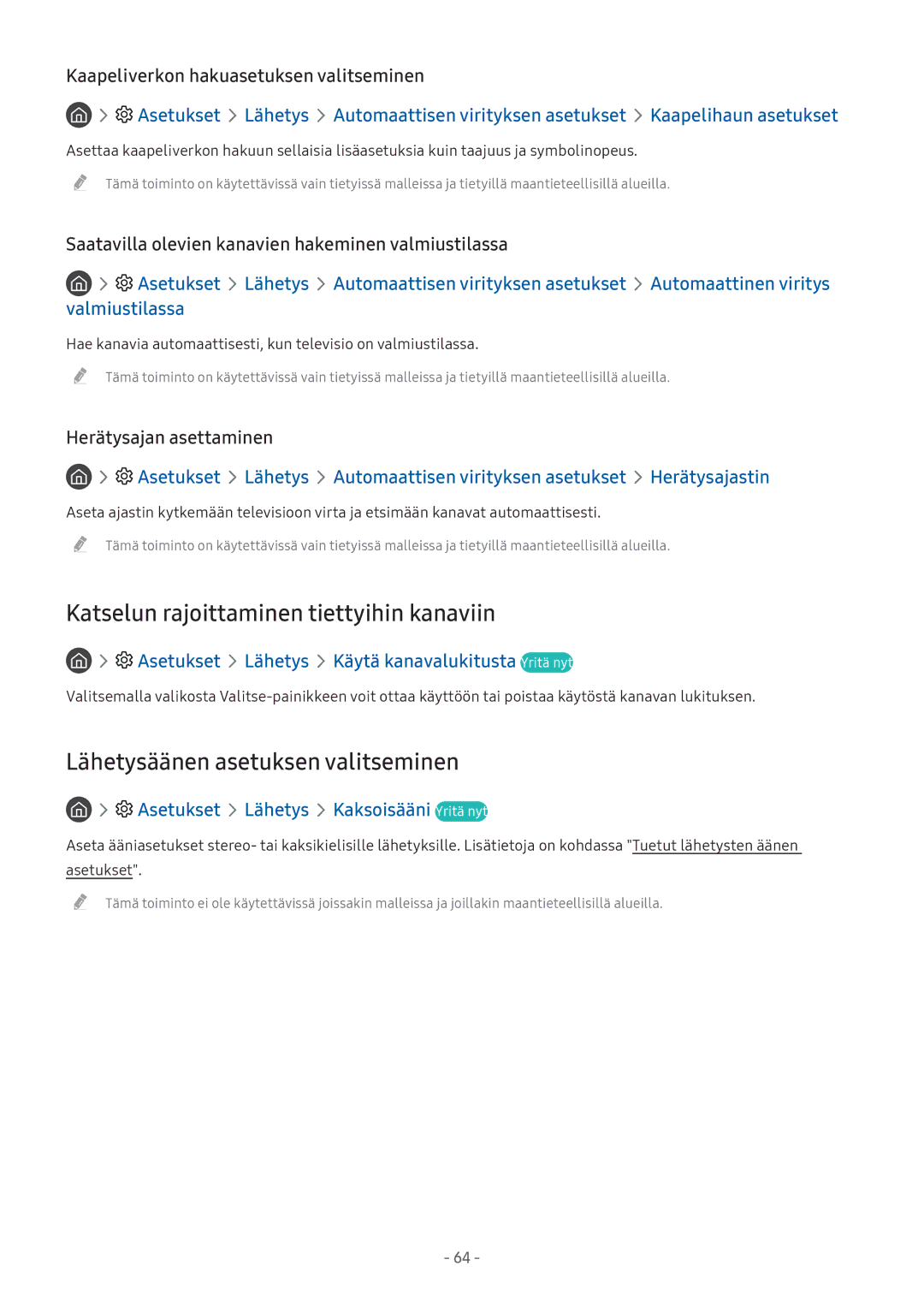 Samsung UE49M5605AKXXC, UE49M5515AKXXC Katselun rajoittaminen tiettyihin kanaviin, Lähetysäänen asetuksen valitseminen 