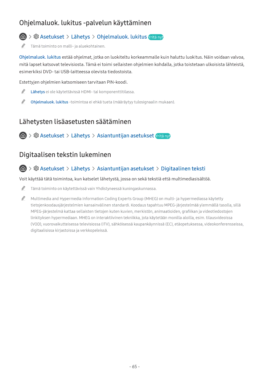 Samsung UE49M5515AKXXC, UE49M5605AKXXC Ohjelmaluok. lukitus -palvelun käyttäminen, Lähetysten lisäasetusten säätäminen 