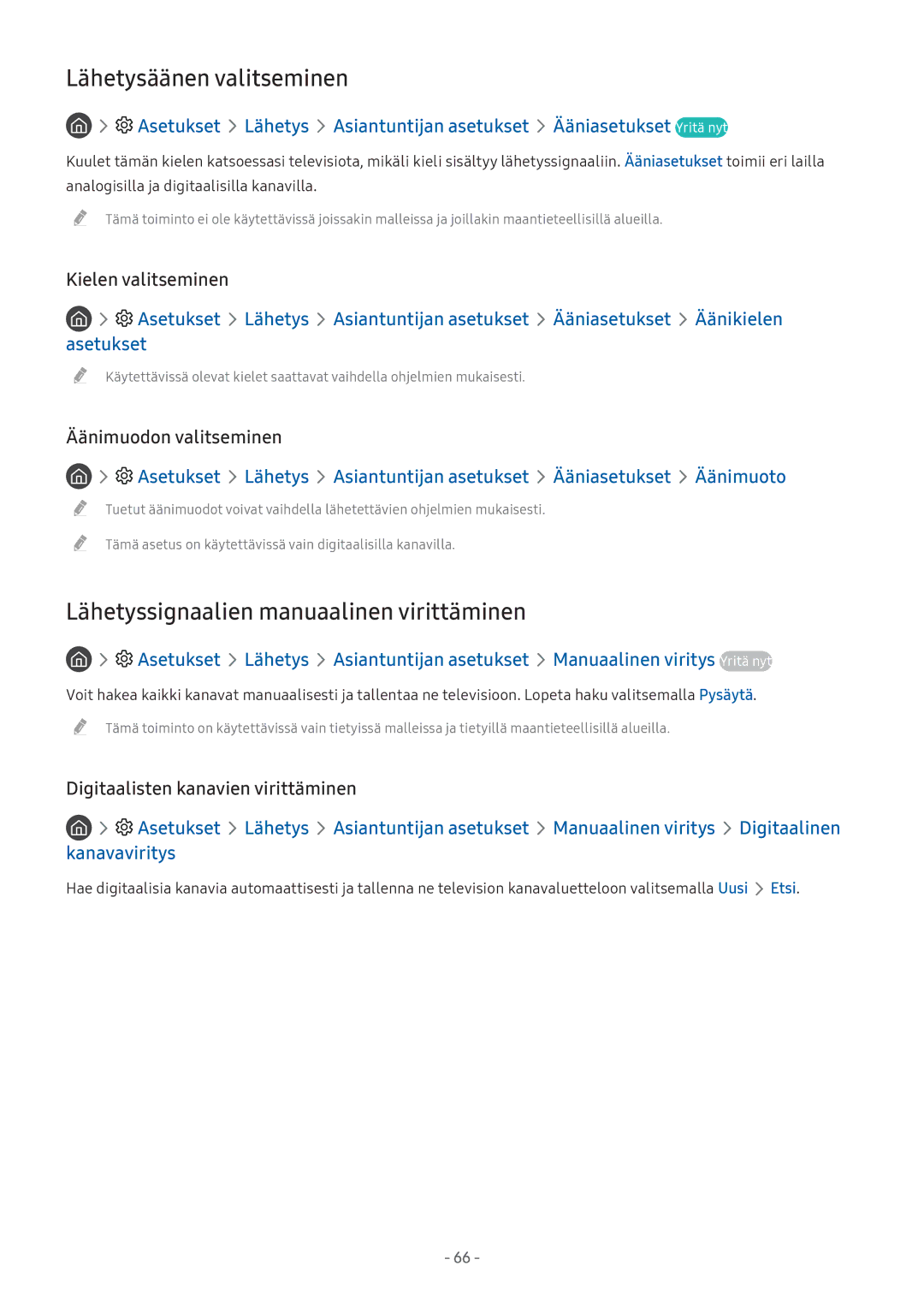 Samsung UE43M5515AKXXC manual Lähetysäänen valitseminen, Lähetyssignaalien manuaalinen virittäminen, Kielen valitseminen 