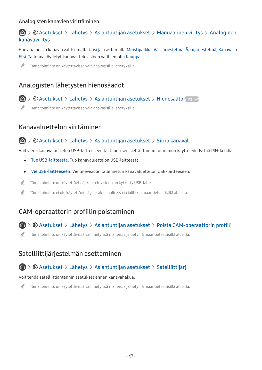 Samsung UE32M5575AUXXC, UE49M5605AKXXC, UE49M5515AKXXC manual Analogisten lähetysten hienosäädöt, Kanavaluettelon siirtäminen 