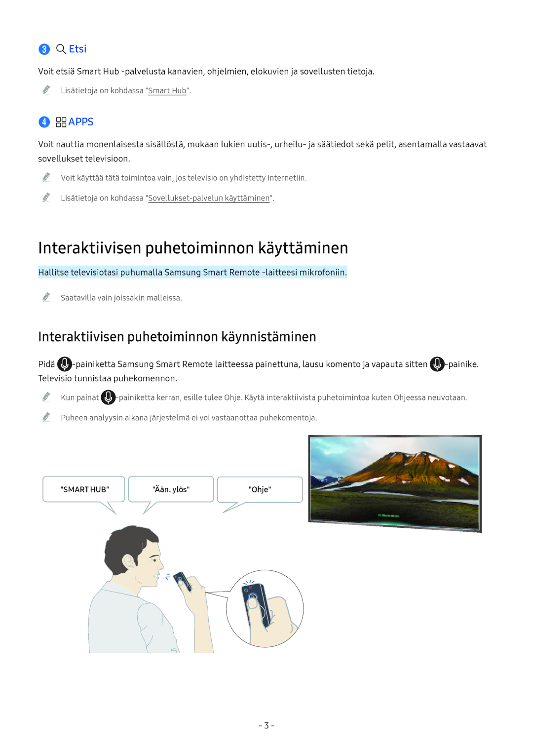 Samsung UE55M5605AKXXC manual Interaktiivisen puhetoiminnon käyttäminen, Interaktiivisen puhetoiminnon käynnistäminen, Etsi 