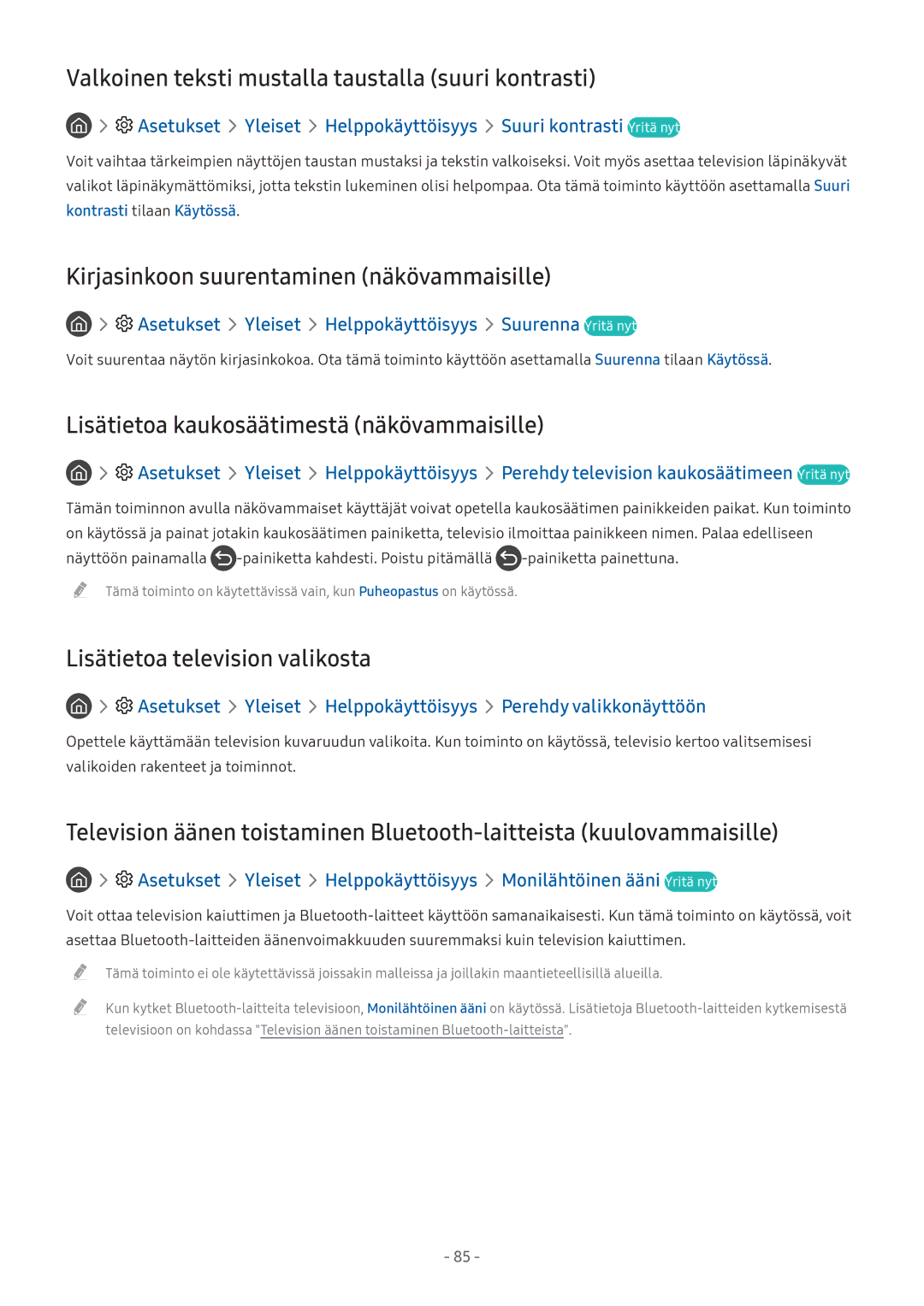 Samsung UE55M6305AKXXC Valkoinen teksti mustalla taustalla suuri kontrasti, Kirjasinkoon suurentaminen näkövammaisille 