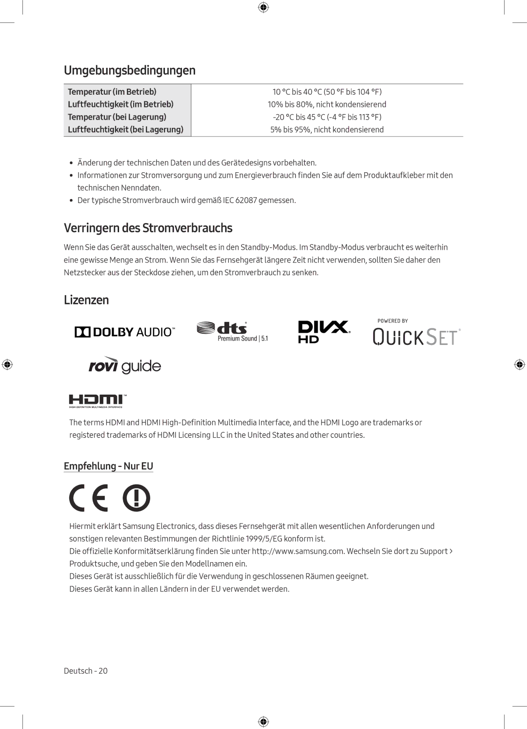 Samsung UE55M5575AUXXC, UE49M5605AKXXC Umgebungsbedingungen, Verringern des Stromverbrauchs, Lizenzen, Empfehlung Nur EU 