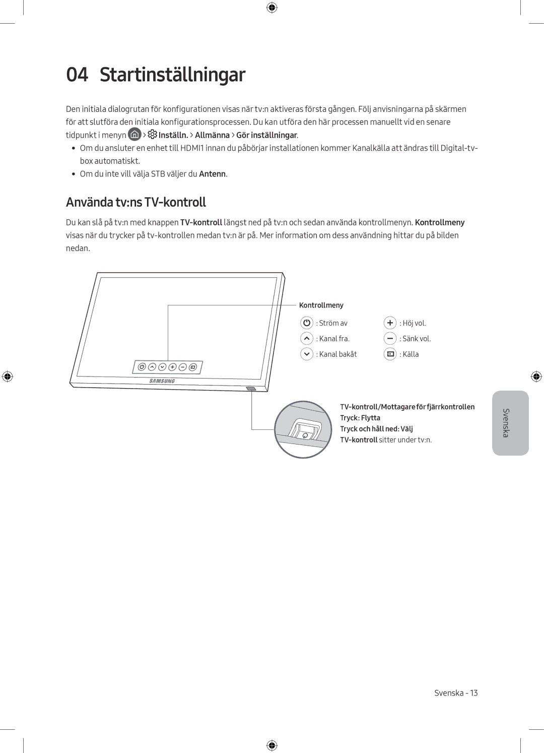 Samsung UE55M5605AKXXC, UE49M5605AKXXC, UE49M5515AKXXC, UE43M5575AUXXC manual Startinställningar, Använda tvns TV-kontroll 