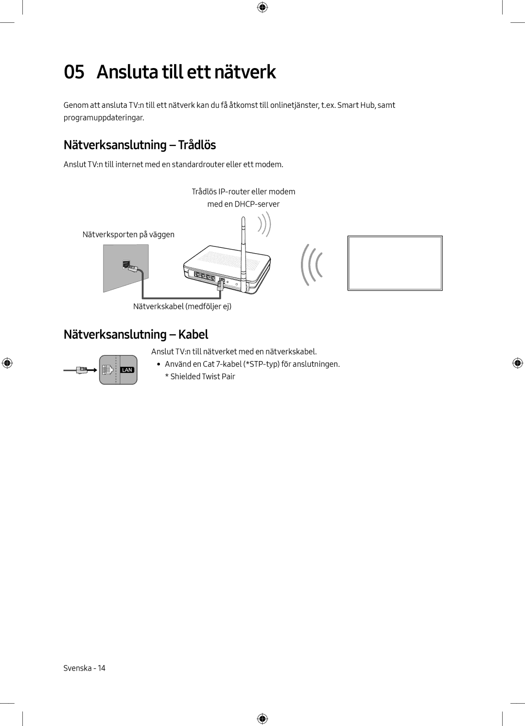 Samsung UE32M5605AKXXC, UE49M5605AKXXC manual Ansluta till ett nätverk, Nätverksanslutning Trådlös, Nätverksanslutning Kabel 