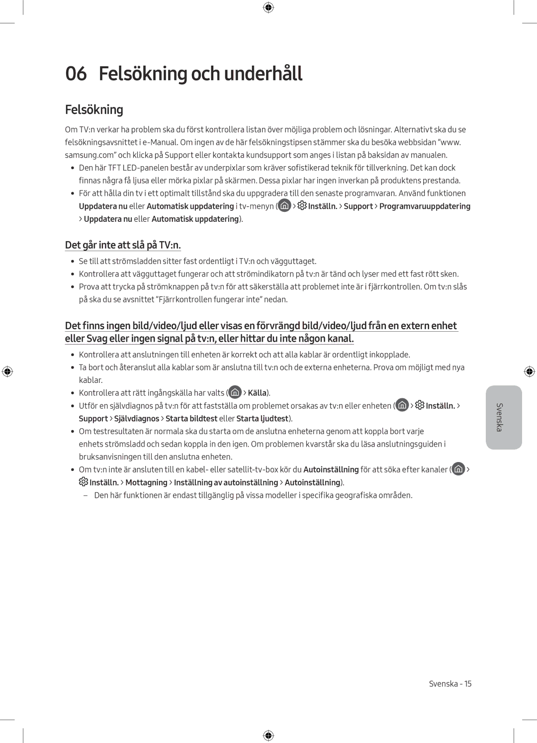 Samsung UE55M5575AUXXC Felsökning och underhåll, Det går inte att slå på TVn, Uppdatera nu eller Automatisk uppdatering 