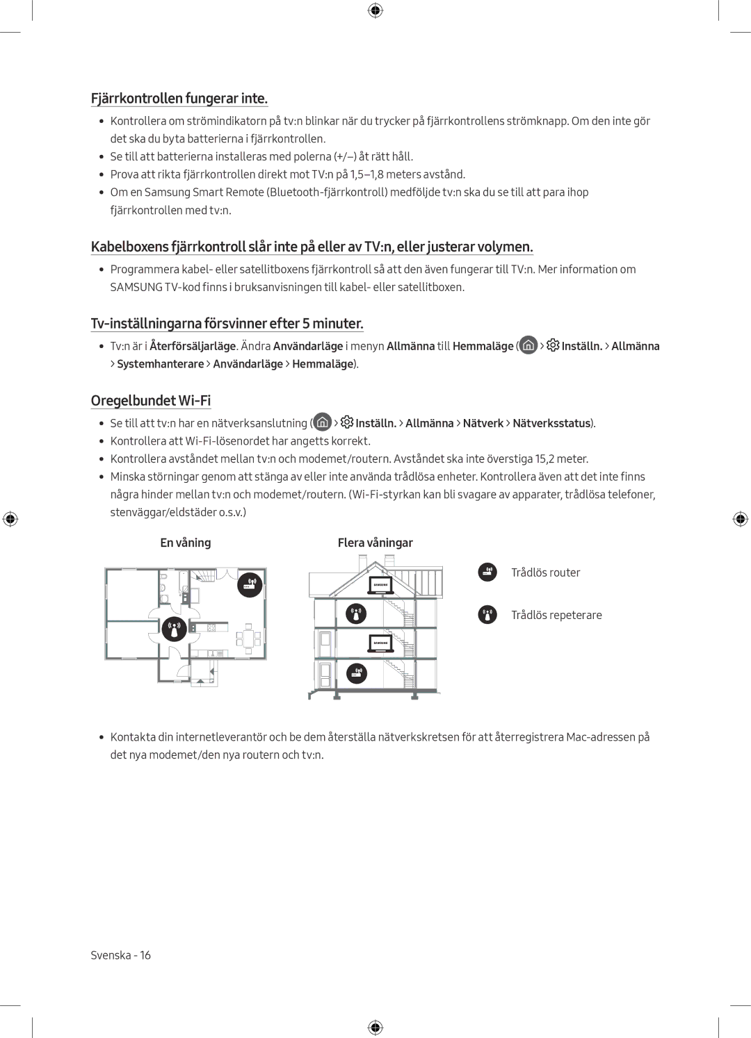 Samsung UE49M5575AUXXC Fjärrkontrollen fungerar inte, Tv-inställningarna försvinner efter 5 minuter, Oregelbundet Wi-Fi 