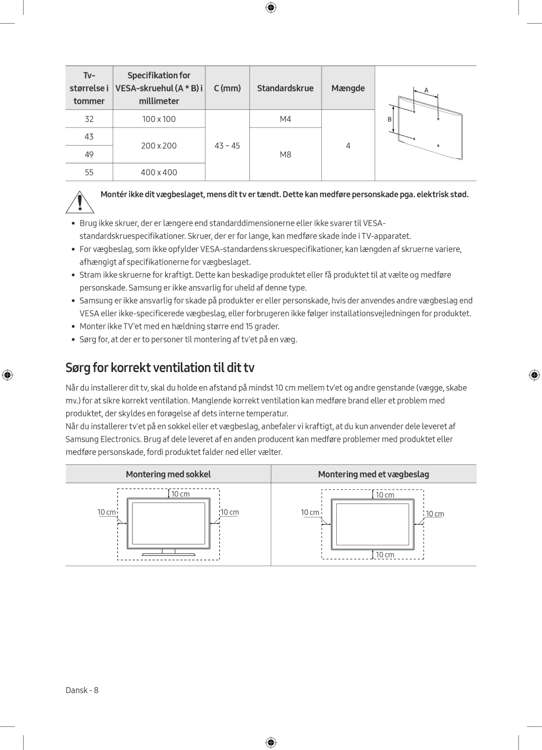 Samsung UE55M5605AKXXC, UE49M5605AKXXC, UE49M5515AKXXC manual Sørg for korrekt ventilation til dit tv, Specifikation for 