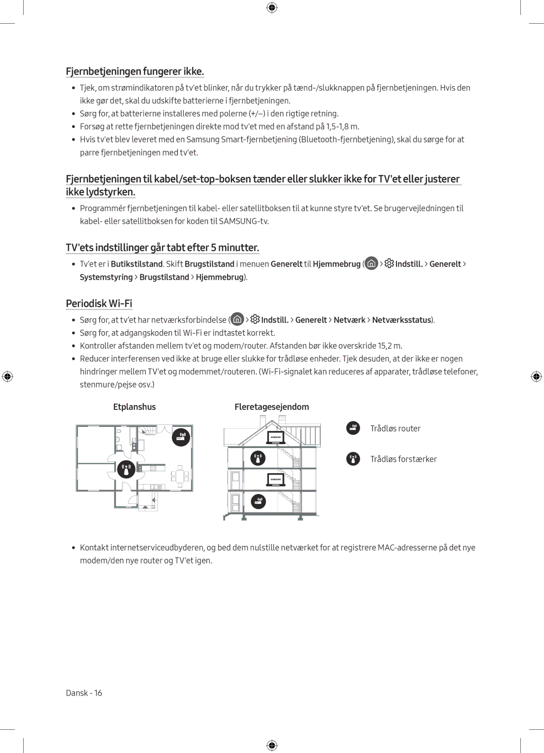 Samsung UE49M5515AKXXC Fjernbetjeningen fungerer ikke, TVets indstillinger går tabt efter 5 minutter, Periodisk Wi-Fi 