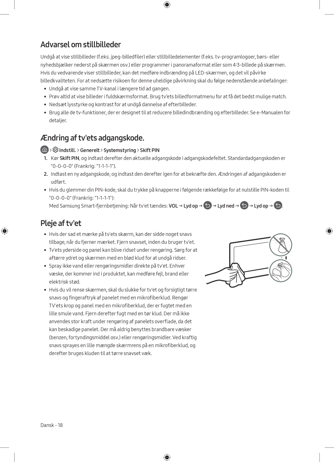 Samsung UE43M5515AKXXC manual Ændring af tvets adgangskode, Pleje af tvet, Indstill. Generelt Systemstyring Skift PIN 