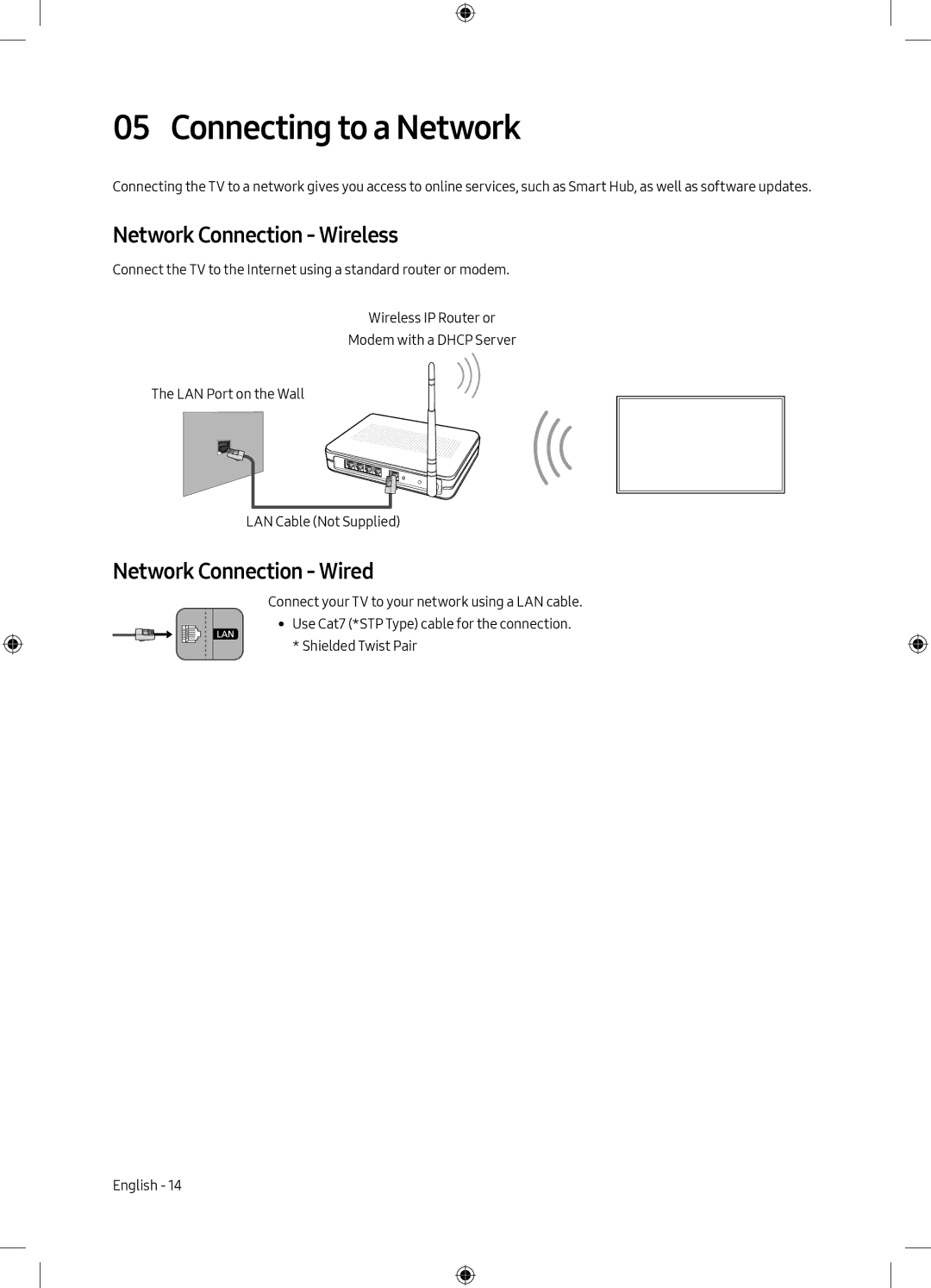 Samsung UE55M5515AKXXC, UE49M5605AKXXC manual Connecting to a Network, Network Connection Wireless, Network Connection Wired 