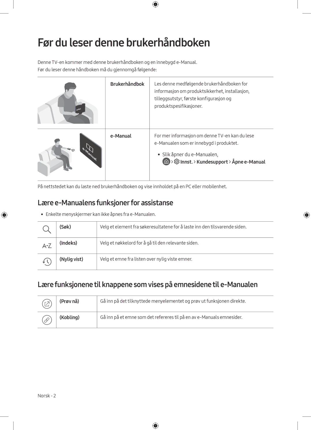 Samsung UE49M5505AKXXC, UE49M5605AKXXC manual Før du leser denne brukerhåndboken, Lære e-Manualens funksjoner for assistanse 