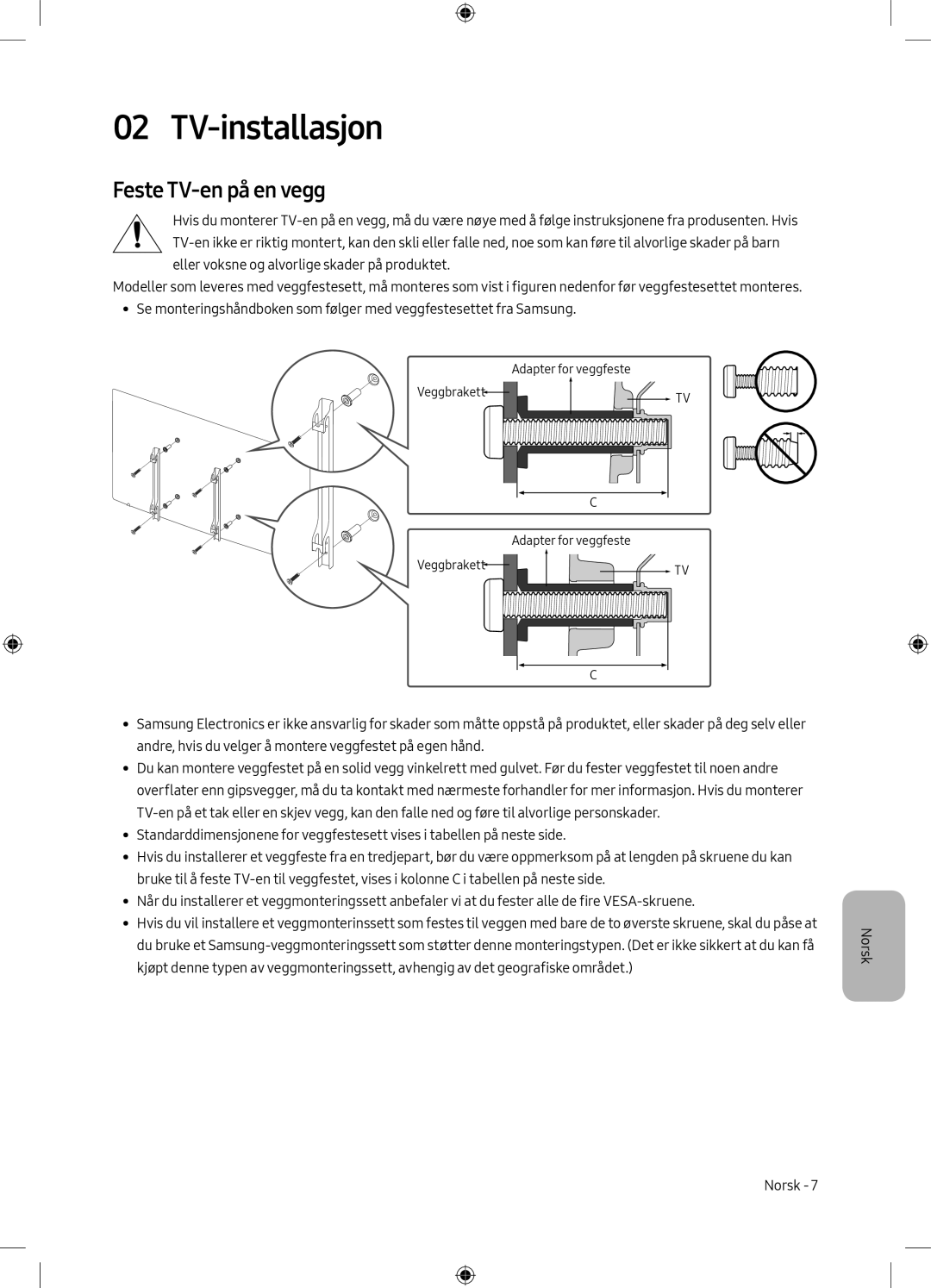 Samsung UE43M5505AKXXC, UE49M5605AKXXC, UE49M5515AKXXC, UE43M5575AUXXC manual TV-installasjon, Feste TV-en på en vegg 