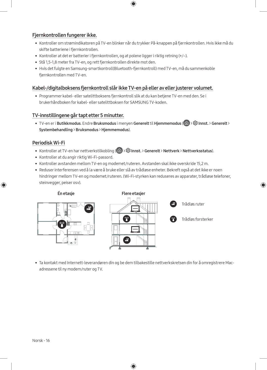 Samsung UE55M5505AKXXC Fjernkontrollen fungerer ikke, TV-innstillingene går tapt etter 5 minutter, Én etasje Flere etasjer 