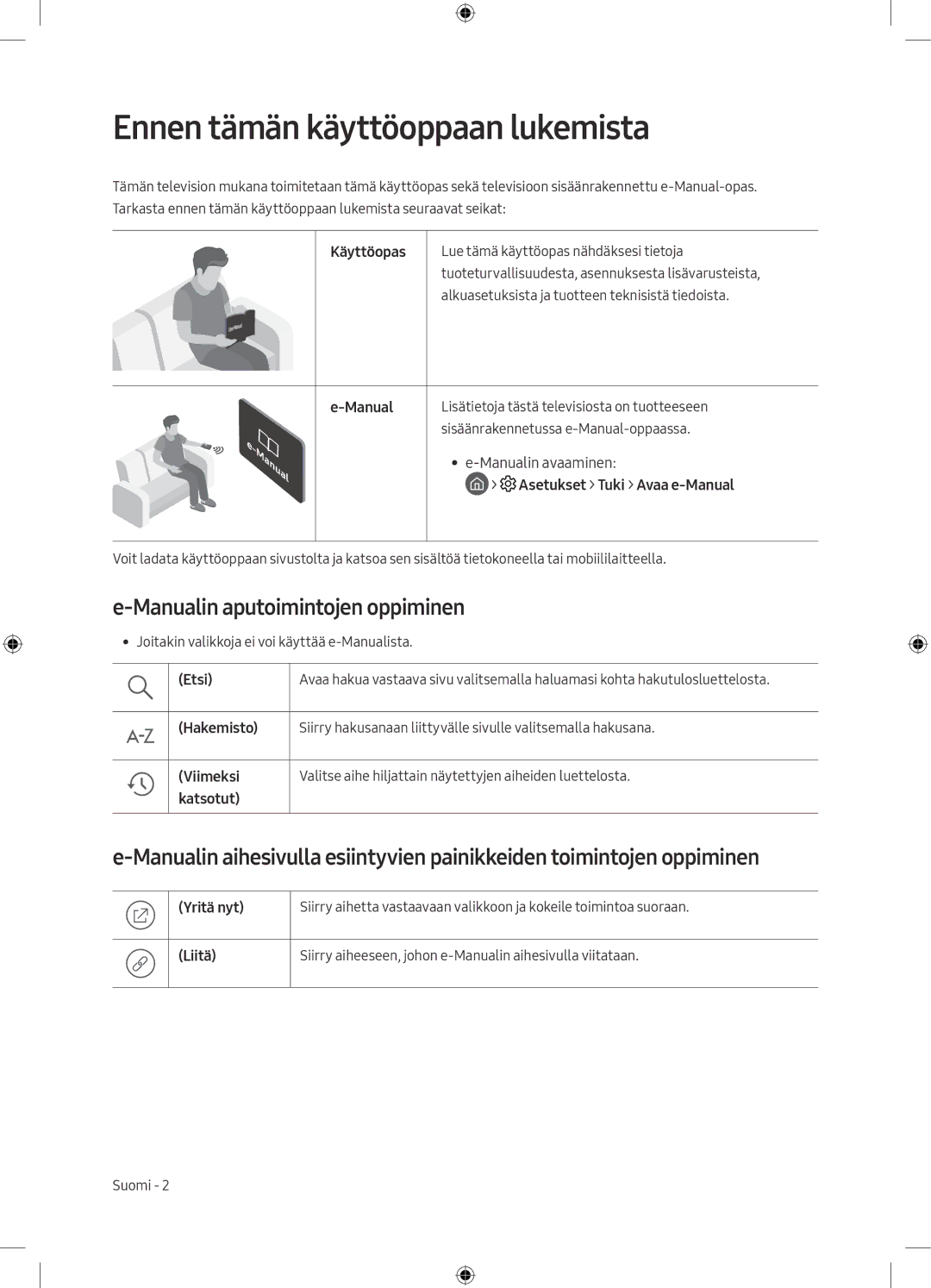 Samsung UE43M5505AKXXC, UE49M5605AKXXC manual Ennen tämän käyttöoppaan lukemista, Manualin aputoimintojen oppiminen 