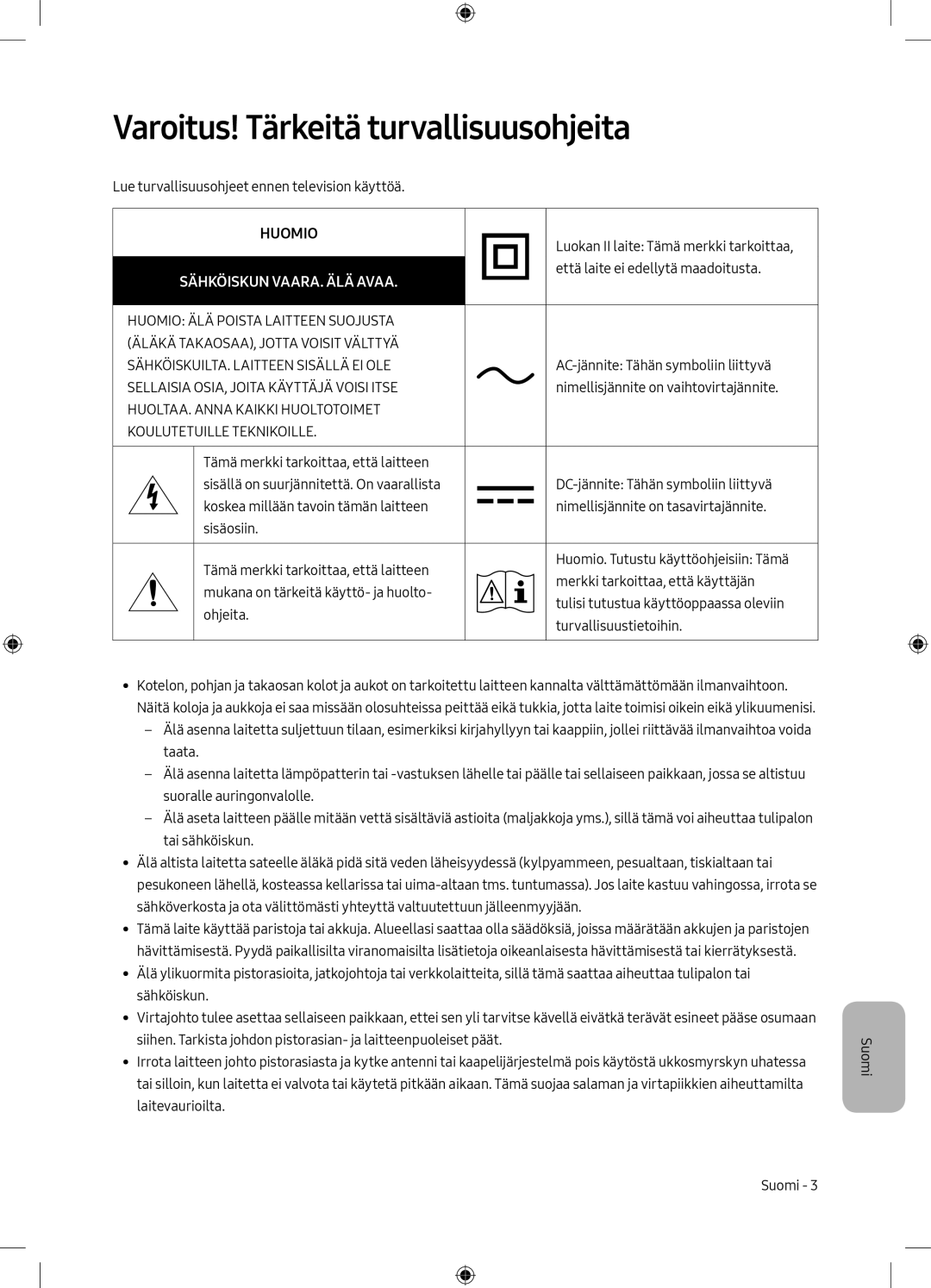 Samsung UE43M5605AKXXC, UE49M5605AKXXC, UE49M5515AKXXC Varoitus! Tärkeitä turvallisuusohjeita, Sähköiskun VAARA. ÄLÄ Avaa 