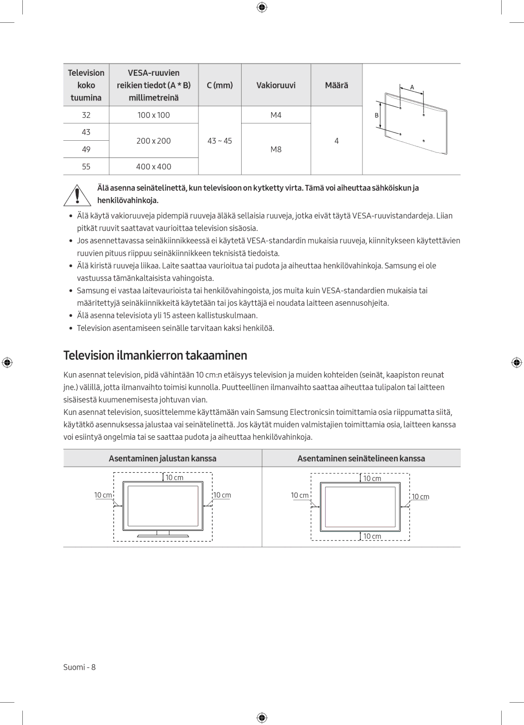 Samsung UE43M5515AKXXC manual Television ilmankierron takaaminen, Television VESA-ruuvien, Asentaminen jalustan kanssa 