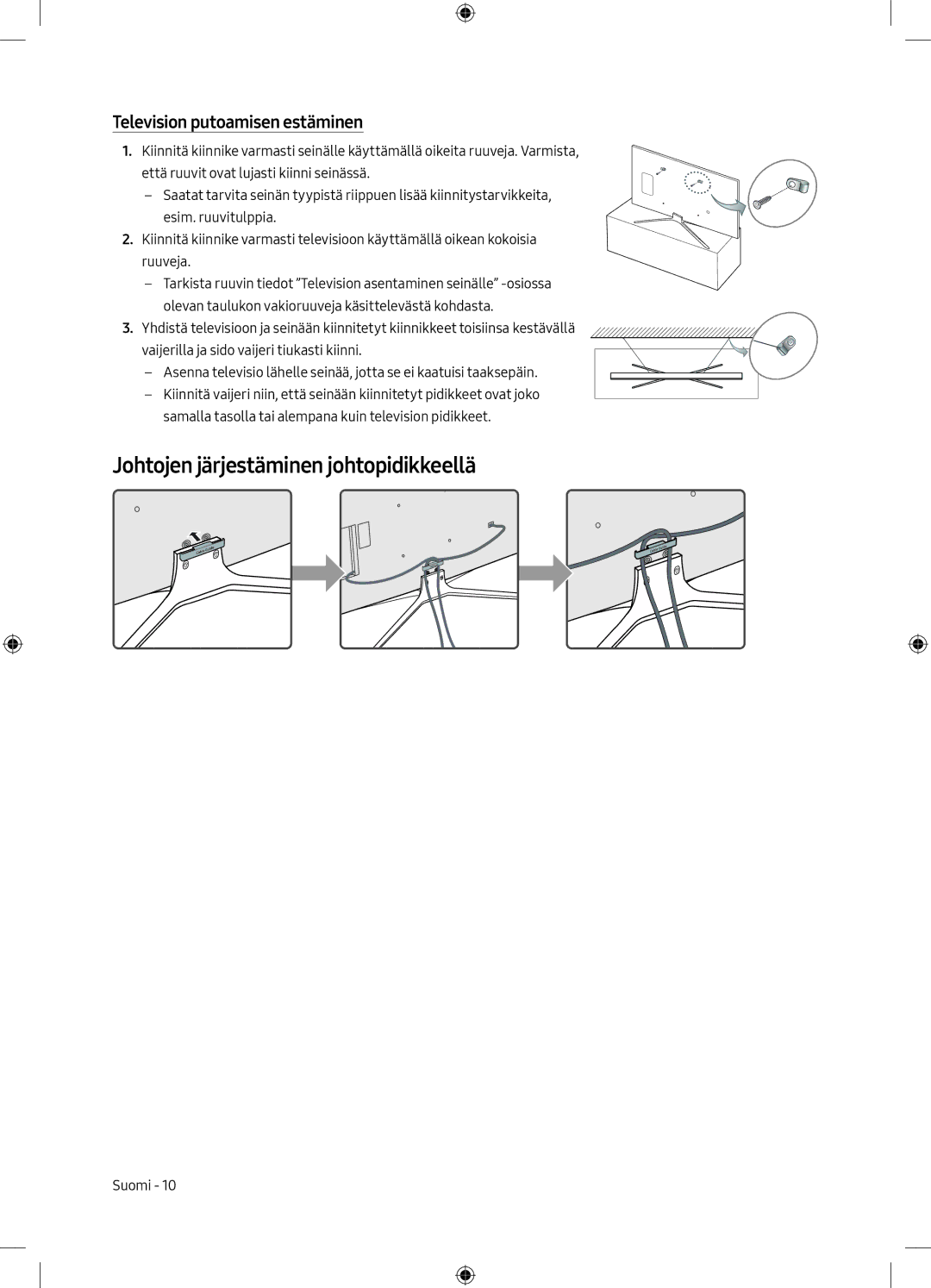 Samsung UE32M5505AKXXC, UE49M5605AKXXC manual Johtojen järjestäminen johtopidikkeellä, Television putoamisen estäminen 