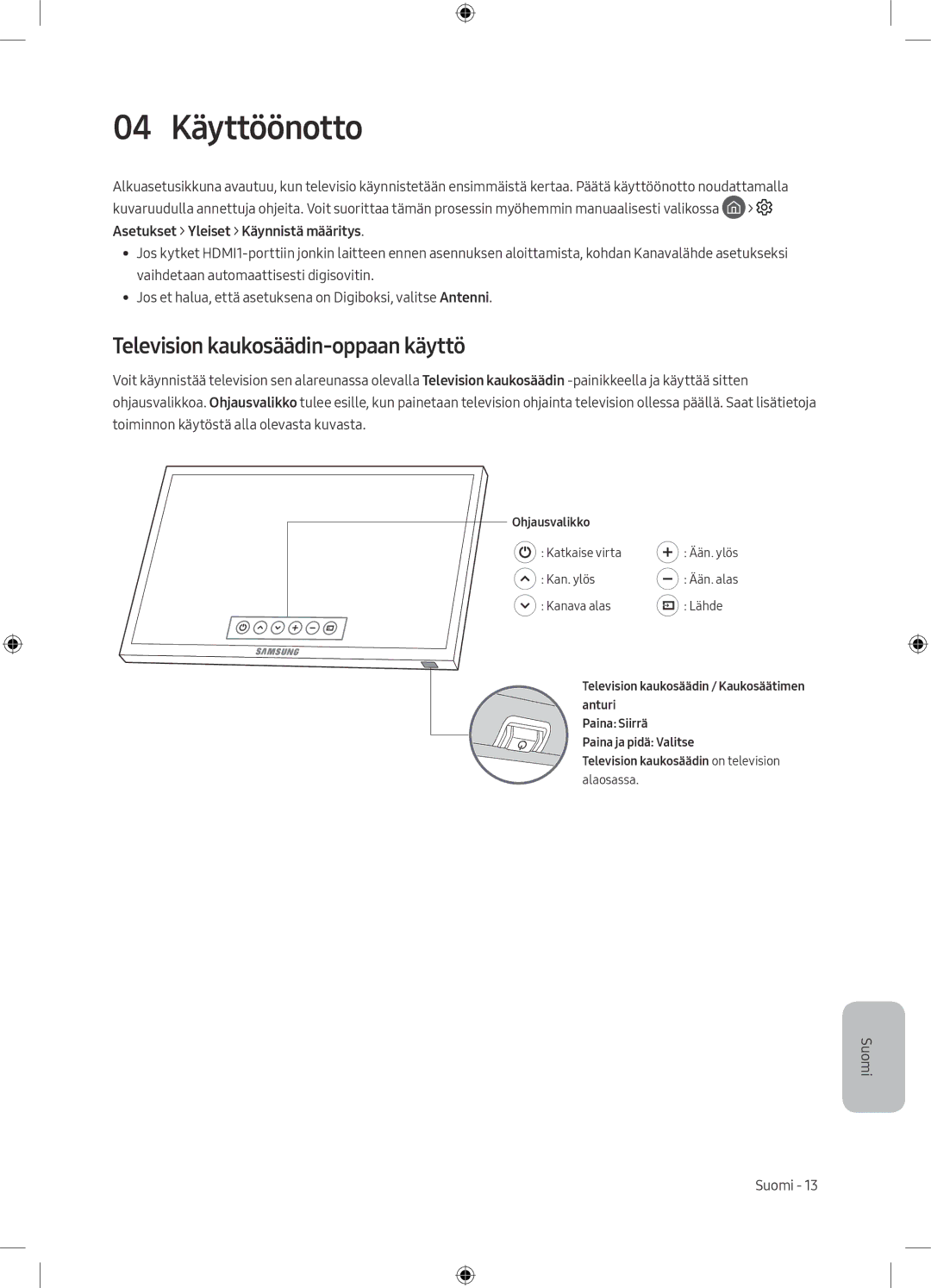 Samsung UE55M5605AKXXC, UE49M5605AKXXC, UE49M5515AKXXC, UE43M5575AUXXC 04 Käyttöönotto, Television kaukosäädin-oppaan käyttö 