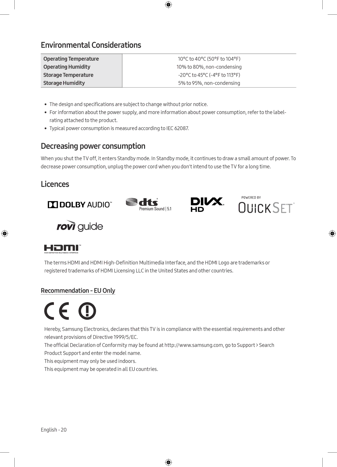 Samsung UE32M5505AKXXC manual Environmental Considerations, Decreasing power consumption, Licences, Recommendation EU Only 