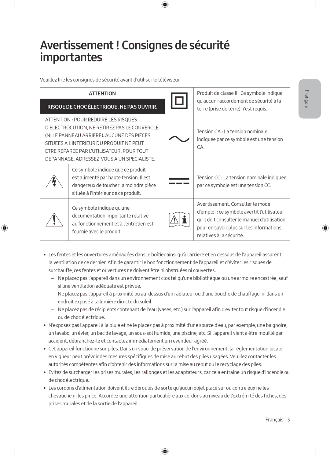 Samsung UE55M5605AKXXC manual Avertissement ! Consignes de sécurité importantes, Risque DE Choc ÉLECTRIQUE. NE PAS Ouvrir 