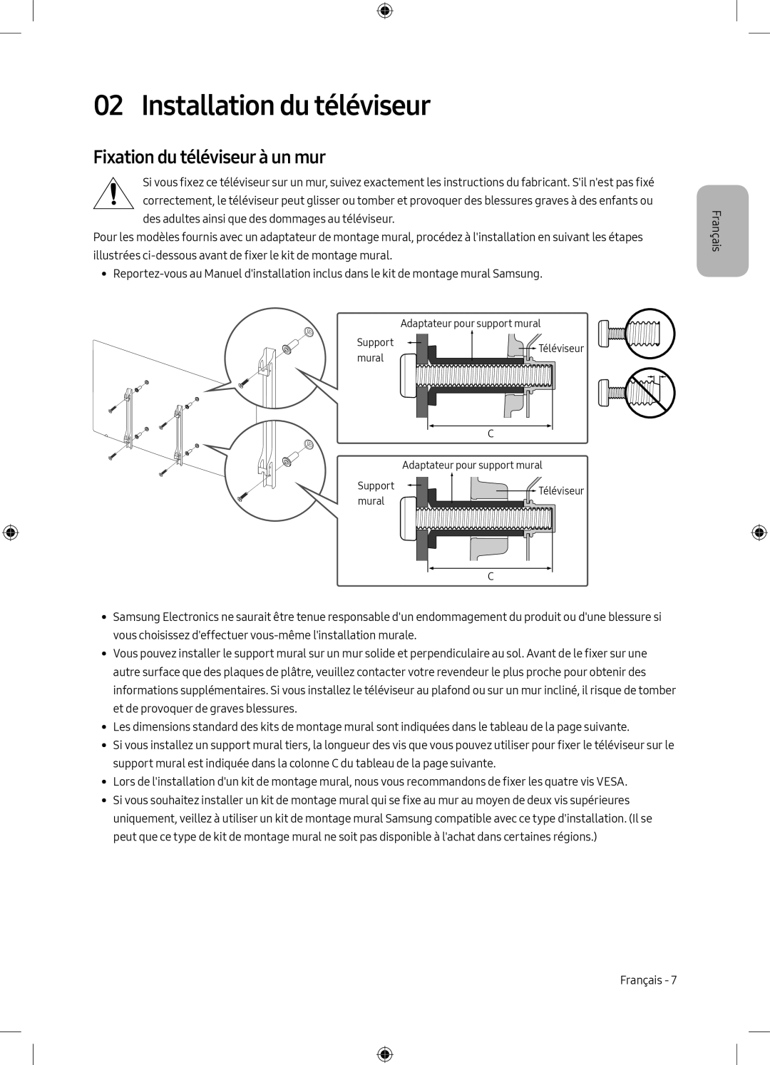 Samsung UE43M5505AKXXC, UE49M5605AKXXC, UE49M5515AKXXC manual Installation du téléviseur, Fixation du téléviseur à un mur 