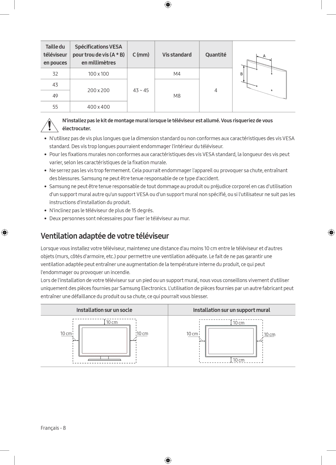 Samsung UE43M5605AKXXC Ventilation adaptée de votre téléviseur, Taille du, Installation sur un socle, Spécifications Vesa 