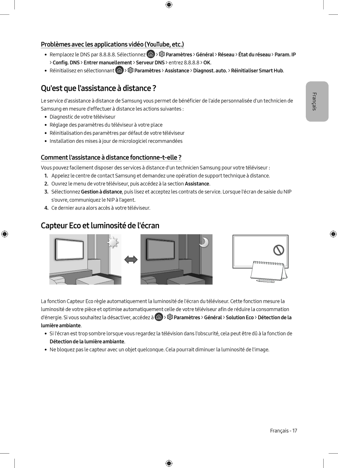 Samsung UE49M5505AKXXC, UE49M5605AKXXC manual Quest que lassistance à distance ?, Capteur Eco et luminosité de lécran 