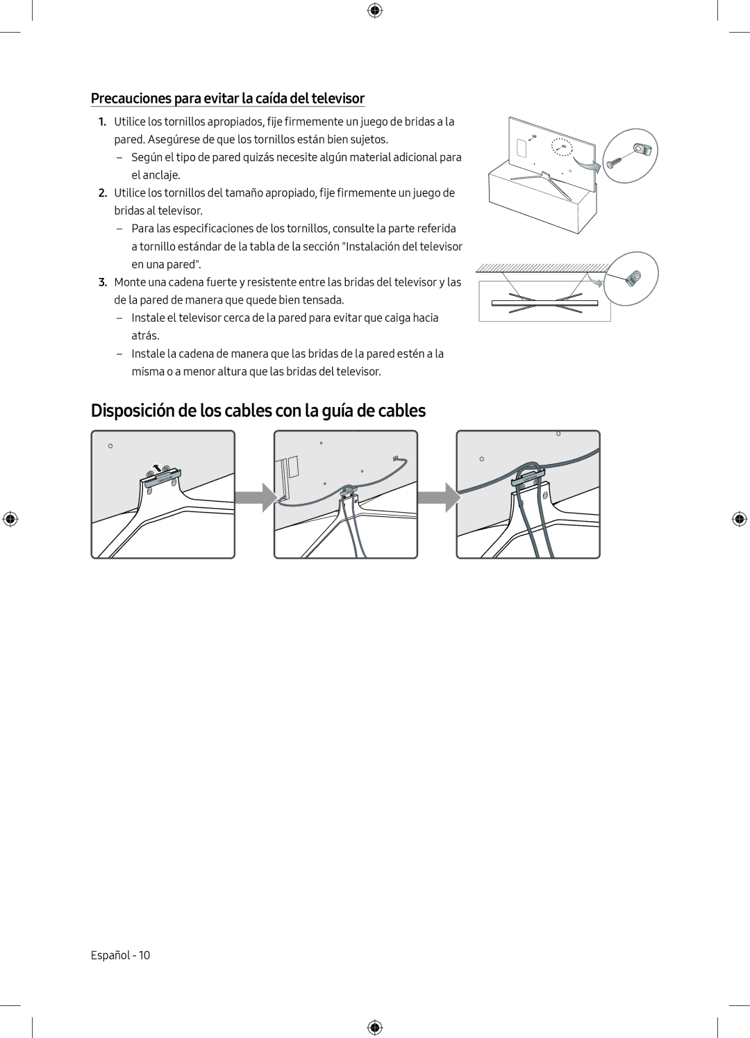 Samsung UE32M5505AKXXC Disposición de los cables con la guía de cables, Precauciones para evitar la caída del televisor 