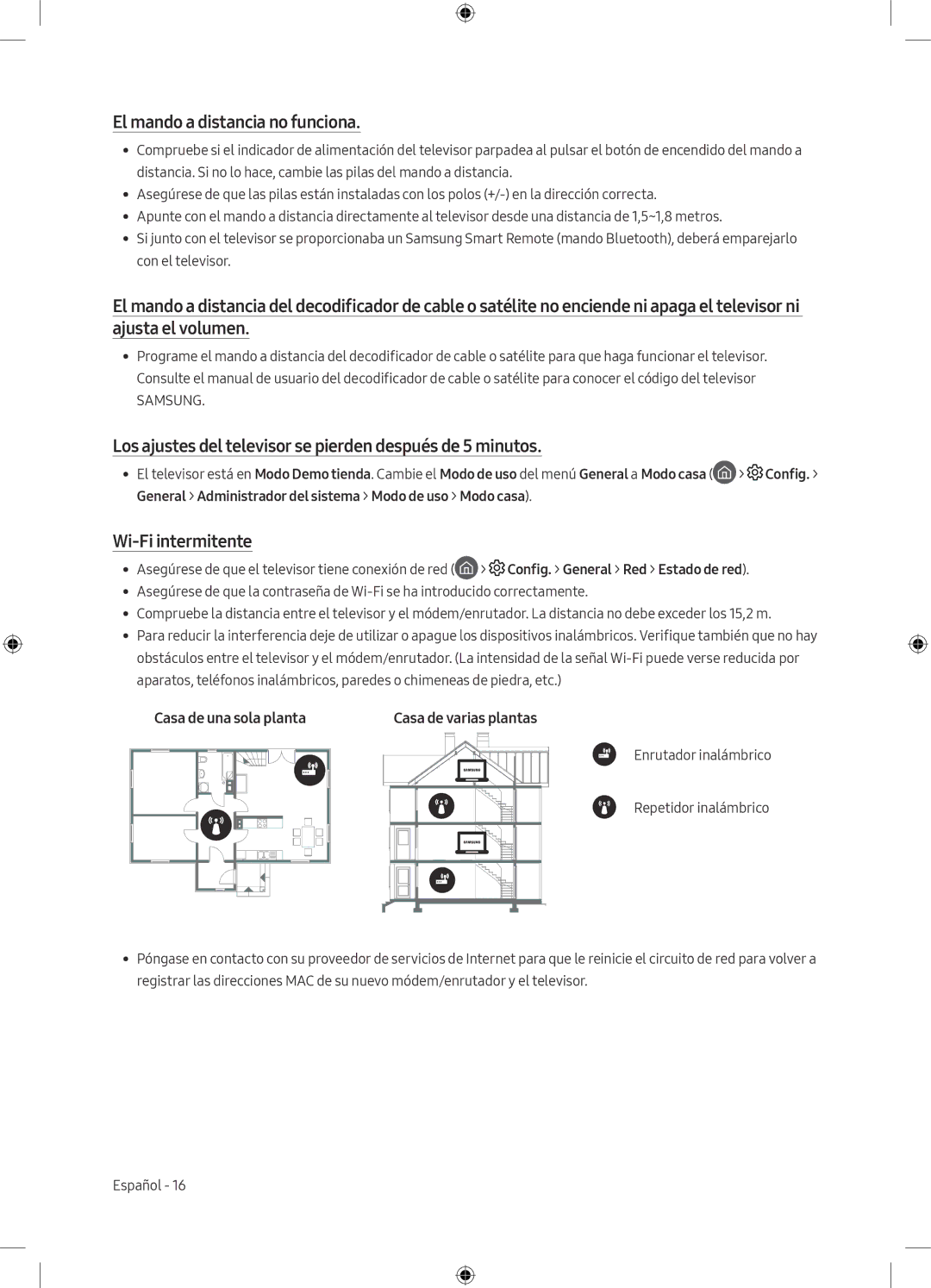 Samsung UE49M5575AUXXC manual El mando a distancia no funciona, Los ajustes del televisor se pierden después de 5 minutos 