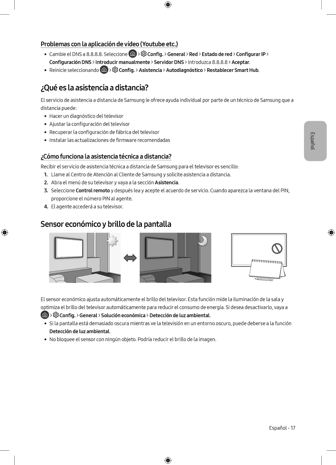 Samsung UE43M5505AKXXC, UE49M5605AKXXC manual ¿Qué es la asistencia a distancia?, Sensor económico y brillo de la pantalla 