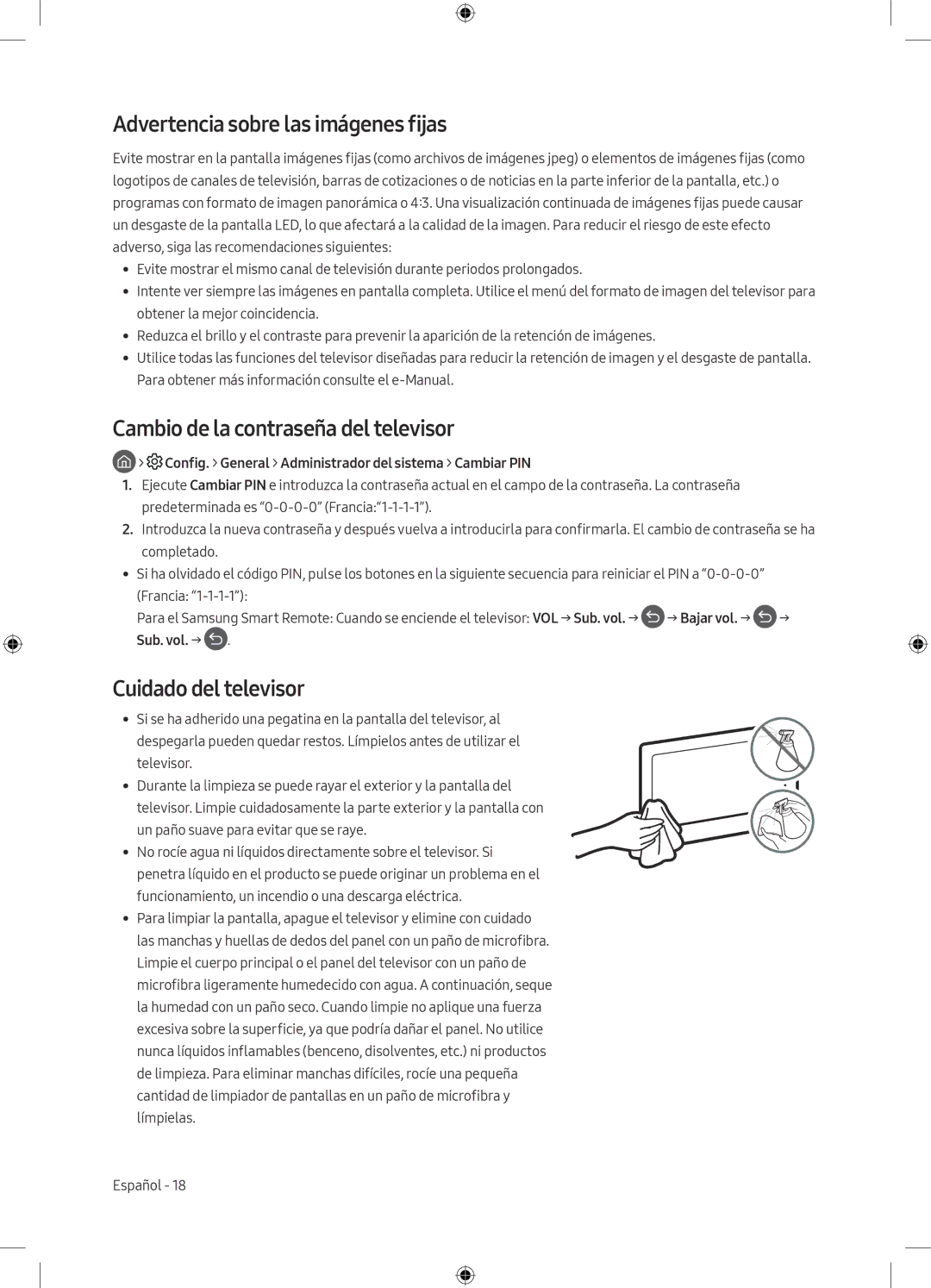 Samsung UE43M5605AKXXC Advertencia sobre las imágenes fijas, Cambio de la contraseña del televisor, Cuidado del televisor 