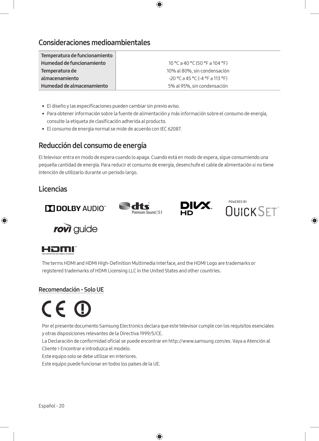 Samsung UE49M5605AKXXC, UE49M5515AKXXC manual Consideraciones medioambientales, Reducción del consumo de energía, Licencias 