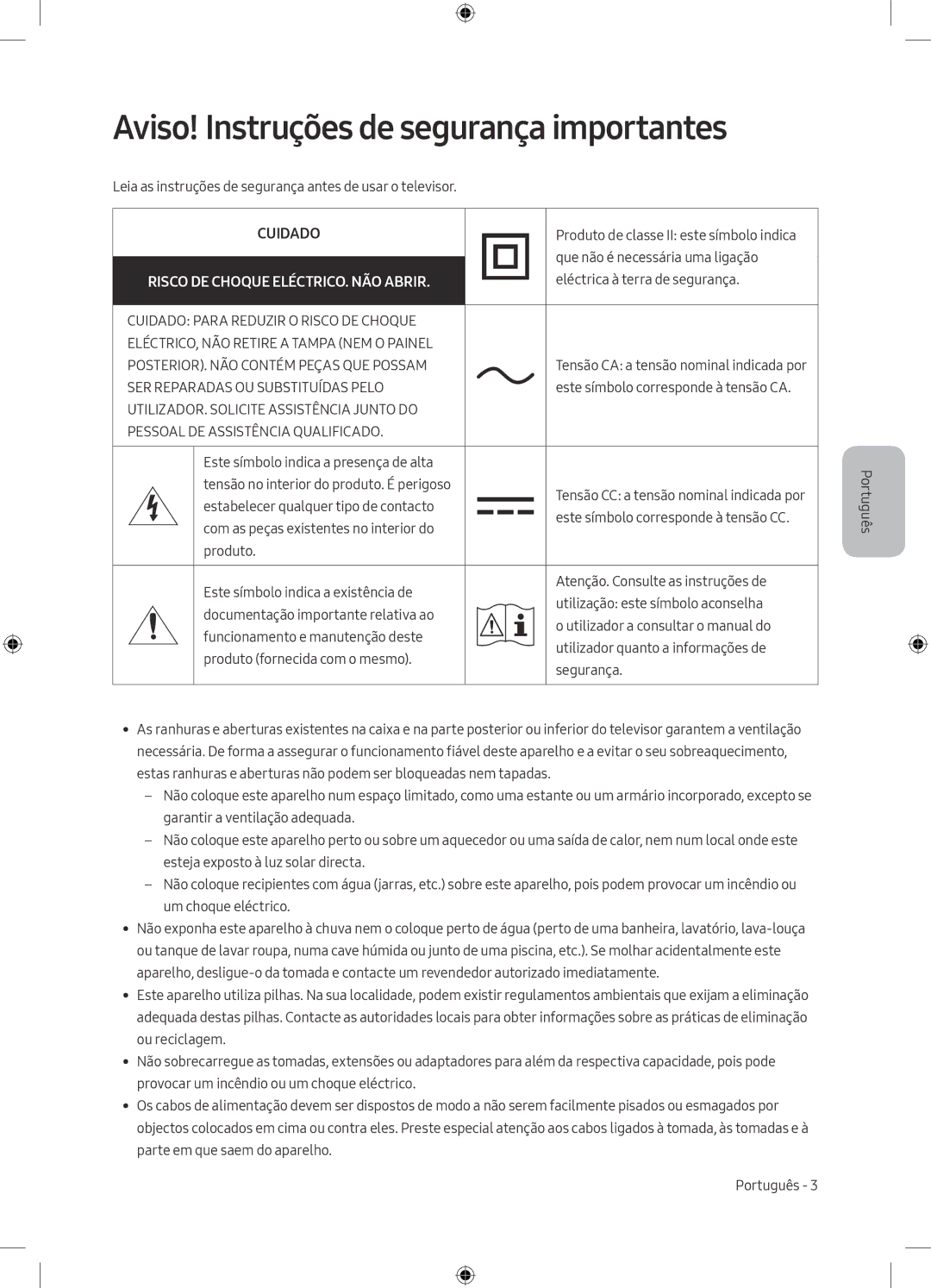 Samsung UE43M5515AKXXC, UE49M5605AKXXC Aviso! Instruções de segurança importantes, Risco DE Choque ELÉCTRICO. NÃO Abrir 