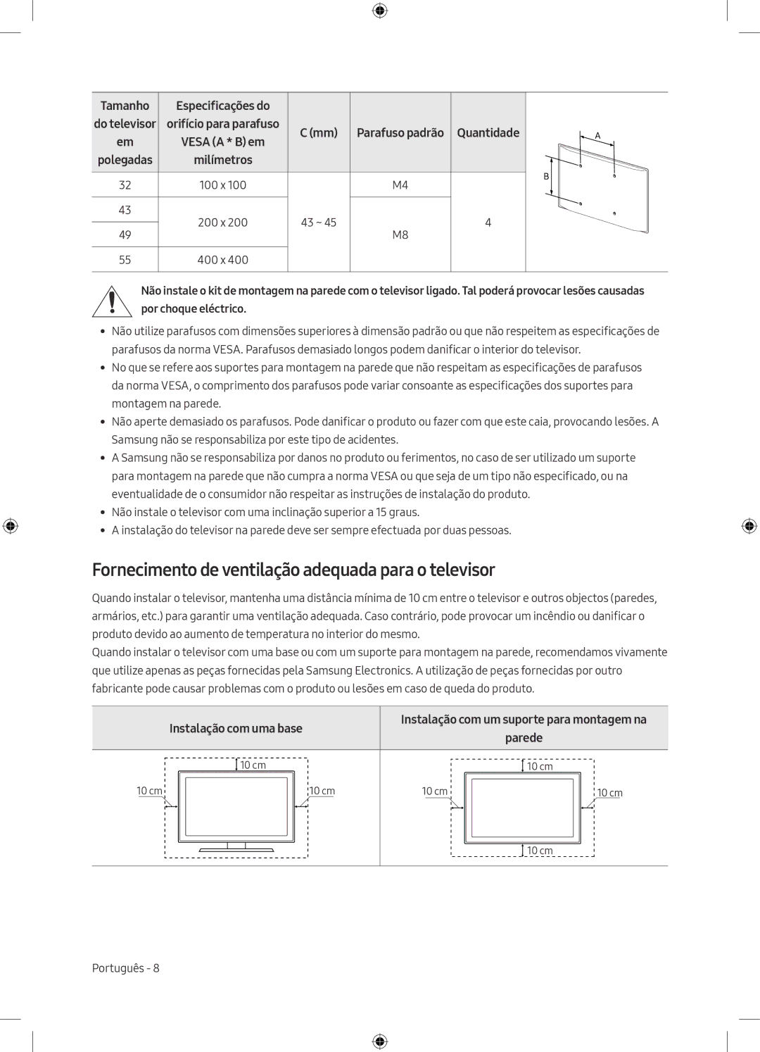 Samsung UE55M5605AKXXC, UE49M5605AKXXC manual Fornecimento de ventilação adequada para o televisor, Instalação com uma base 