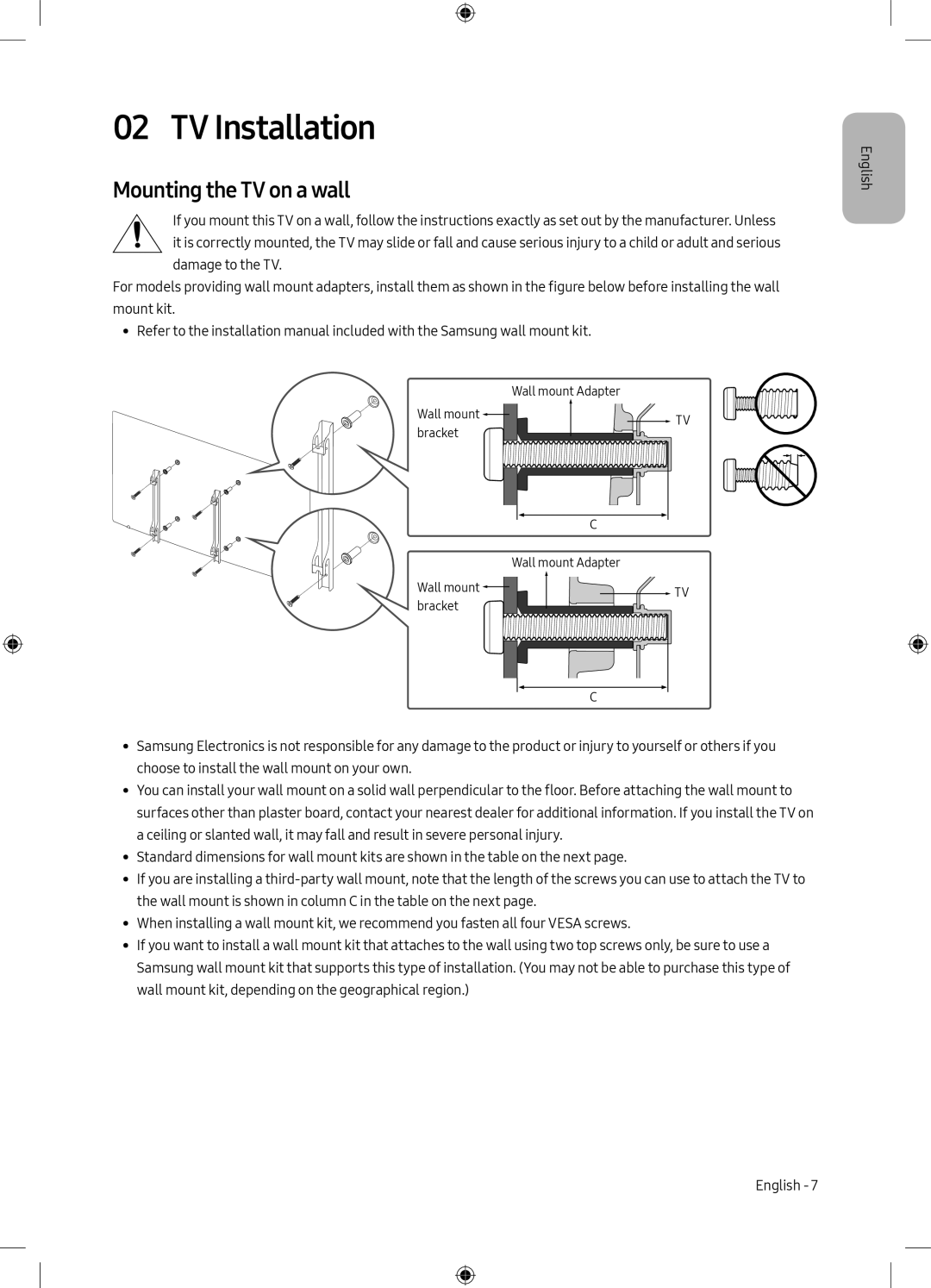 Samsung UE49M5505AKXXC, UE49M5605AKXXC, UE49M5515AKXXC, UE43M5575AUXXC manual TV Installation, Mounting the TV on a wall 