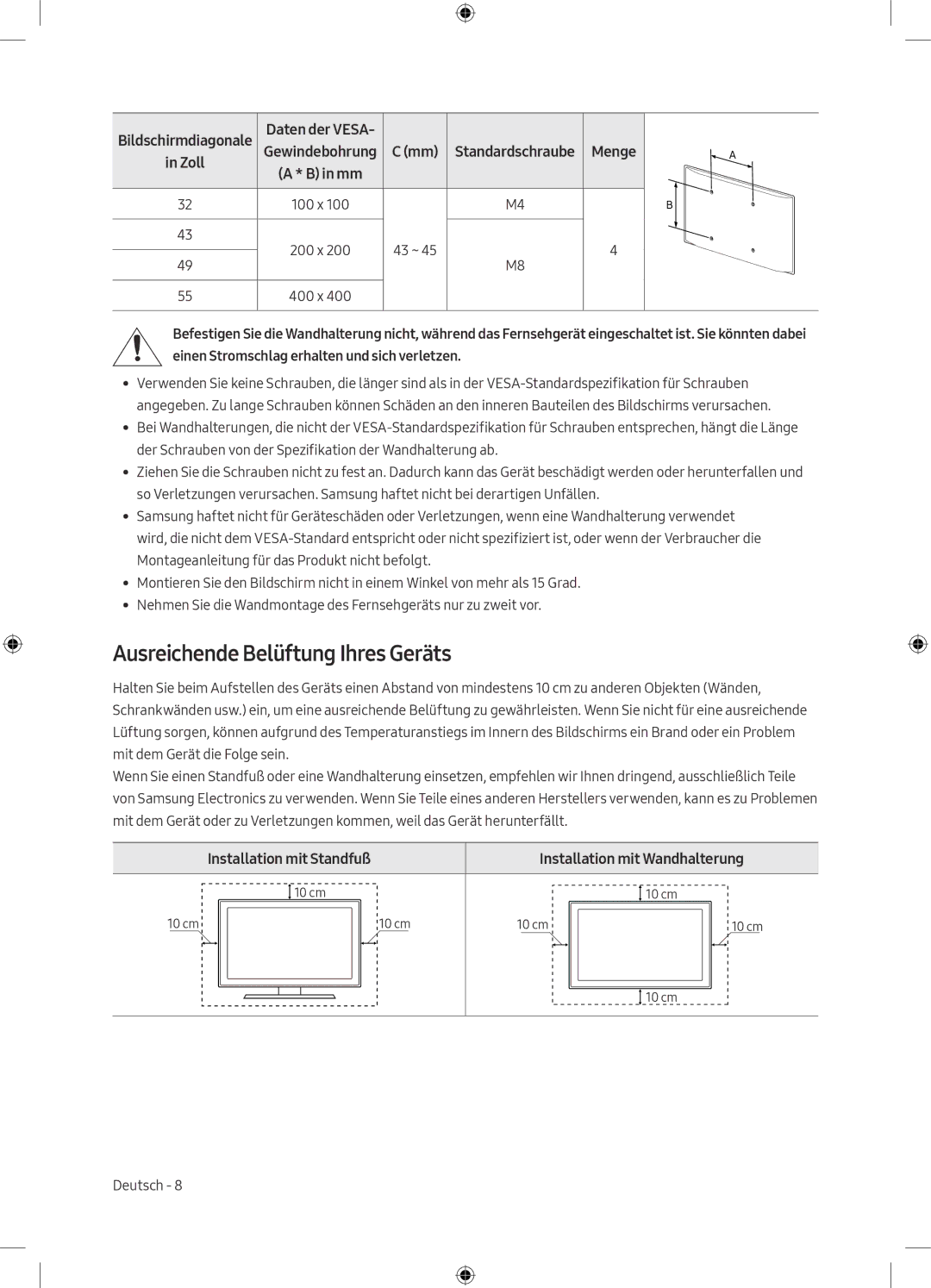 Samsung UE43M5605AKXXC manual Ausreichende Belüftung Ihres Geräts, Installation mit Standfuß Installation mit Wandhalterung 