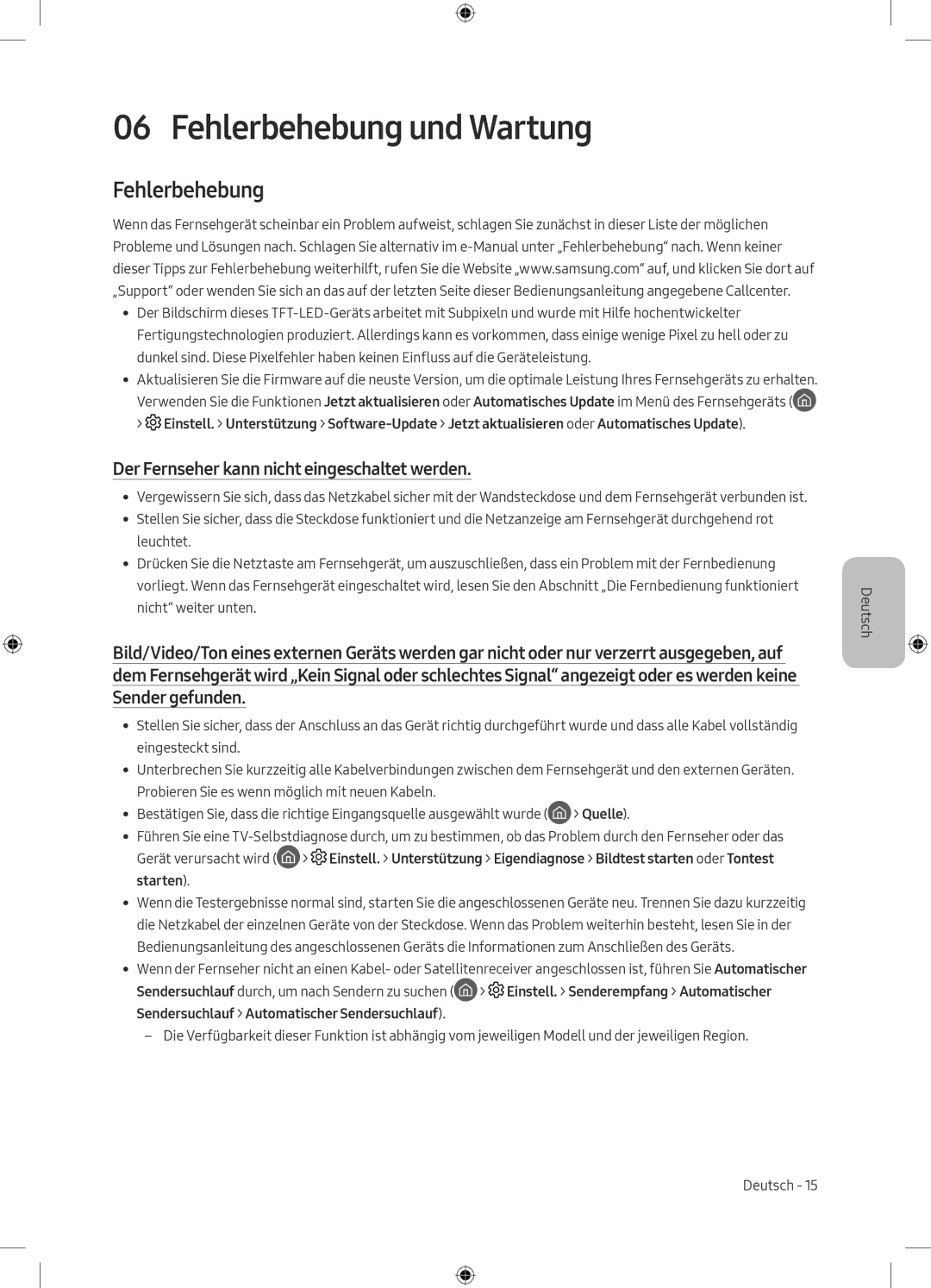 Samsung UE32M5505AKXXC, UE49M5605AKXXC manual Fehlerbehebung und Wartung, Der Fernseher kann nicht eingeschaltet werden 