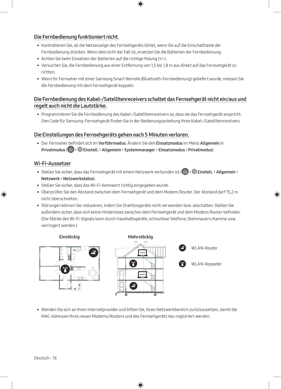 Samsung UE55M5505AKXXC, UE49M5605AKXXC manual Die Fernbedienung funktioniert nicht, Wi-Fi-Aussetzer, EinstöckigMehrstöckig 