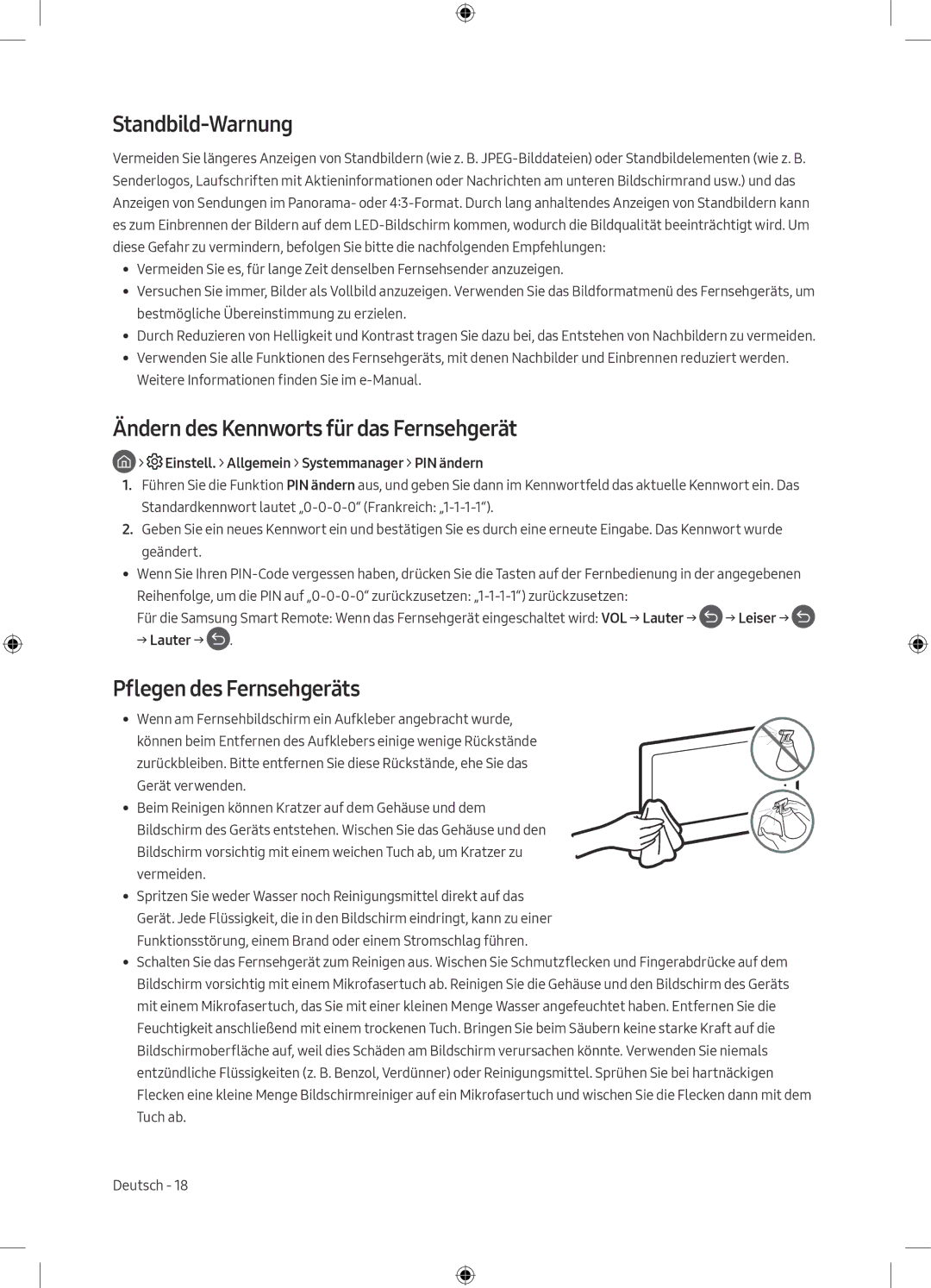 Samsung UE55M5605AKXXC Standbild-Warnung, Ändern des Kennworts für das Fernsehgerät, Pflegen des Fernsehgeräts, → Lauter → 