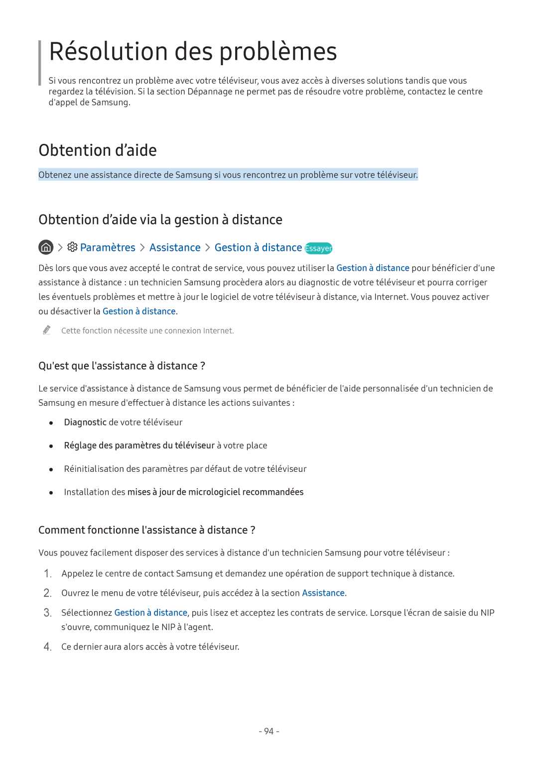 Samsung UE49M5605AKXXC, UE49M5515AKXXC manual Résolution des problèmes, Paramètres Assistance Gestion à distance Essayer 