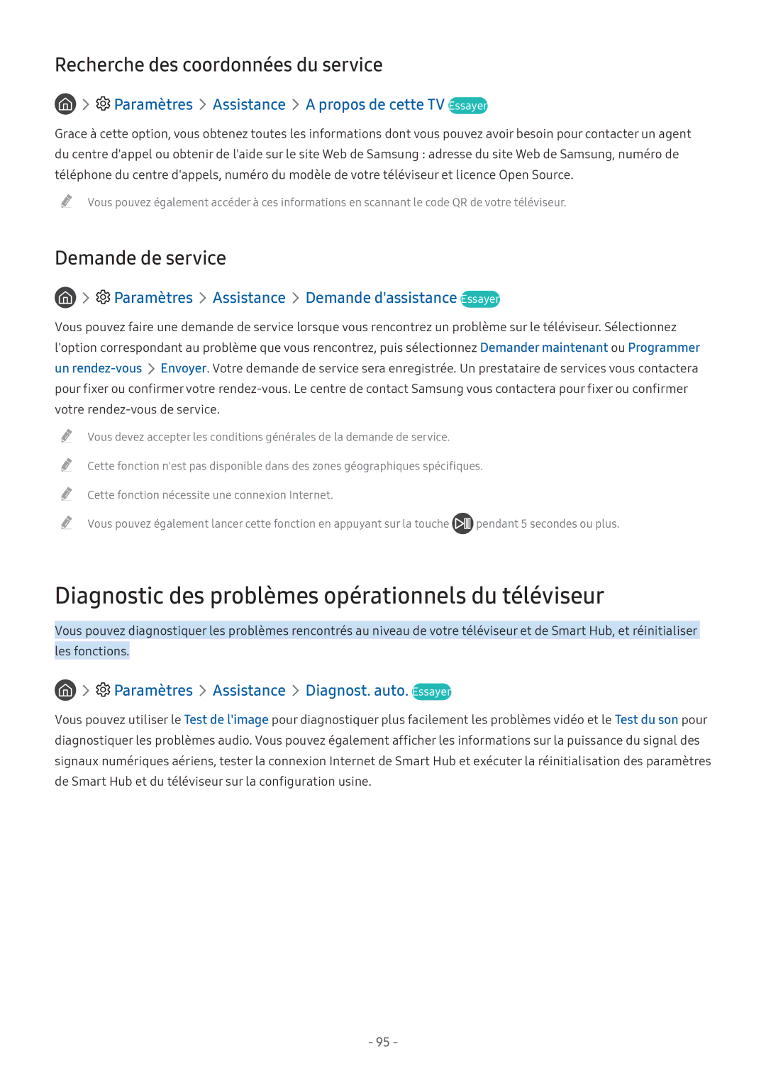 Samsung UE49M5515AKXXC Diagnostic des problèmes opérationnels du téléviseur, Paramètres Assistance Diagnost. auto. Essayer 